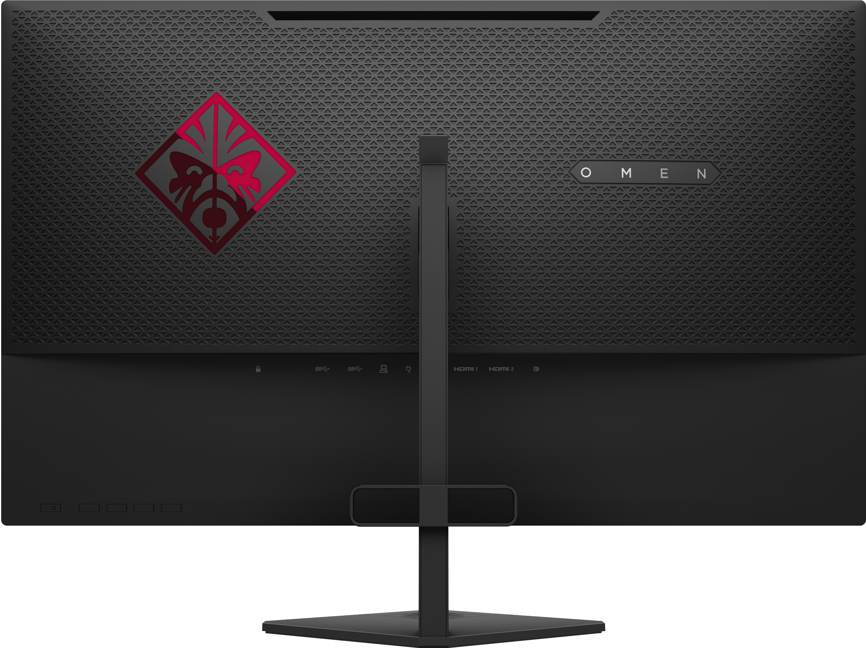 Parte trasera del monitor OMEN: negro con logotipo OMEN rojo y puertos, sobre una superficie blanca.