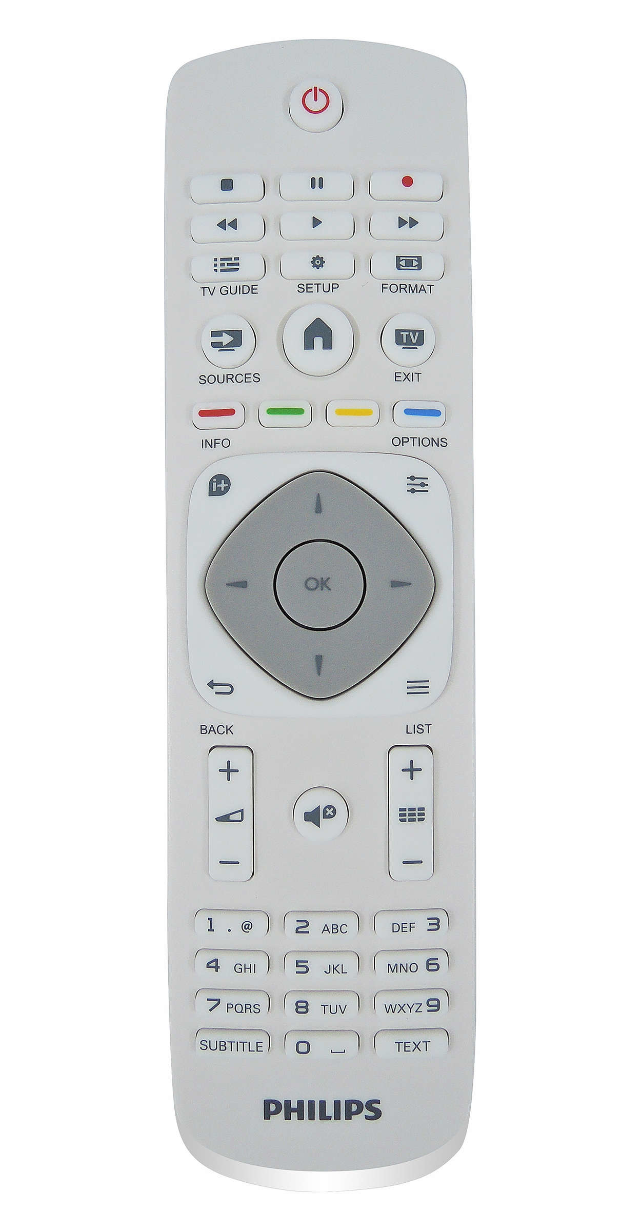 Mando a distancia Philips blanco con varios botones para funciones de TV.