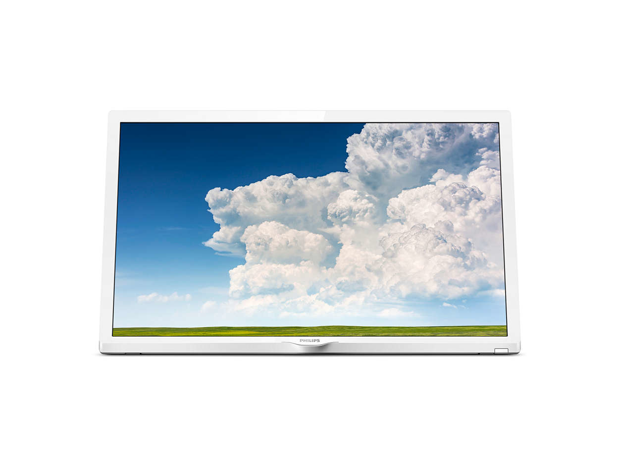 Monitor blanco que muestra un cielo azul lleno de nubes blancas esponjosas.
