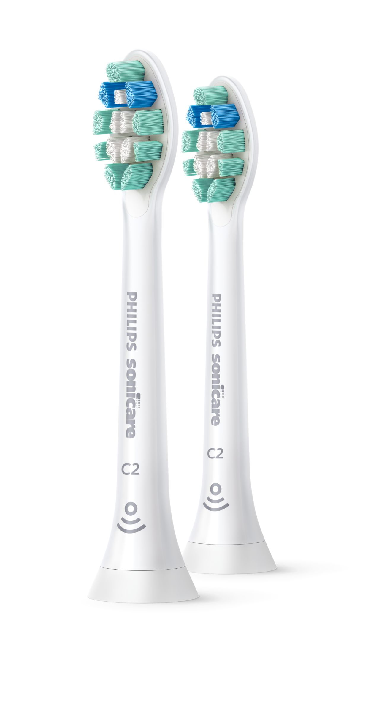 Deux têtes de brosse à dents Philips Sonicare blanches.
