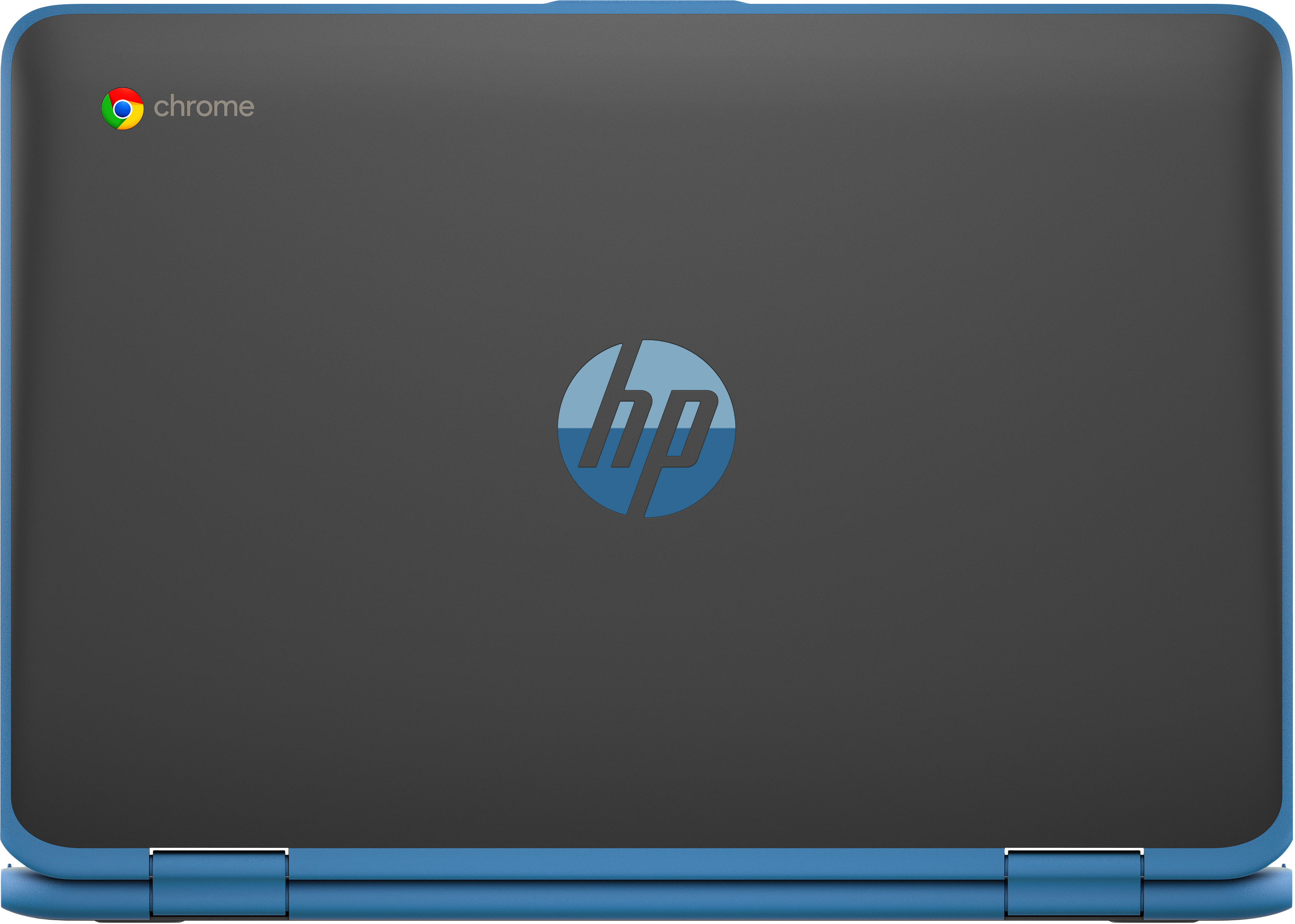 Una laptop cerrada con borde azul con el logotipo de Chrome y el logotipo de HP se muestra.