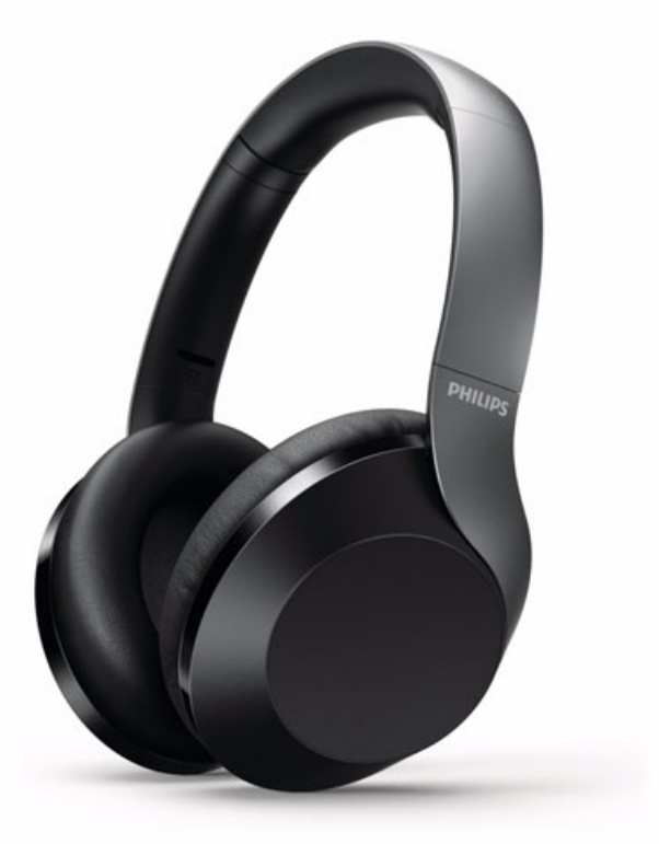Auriculares negros y grises en ángulo hacia la izquierda, fondo blanco.