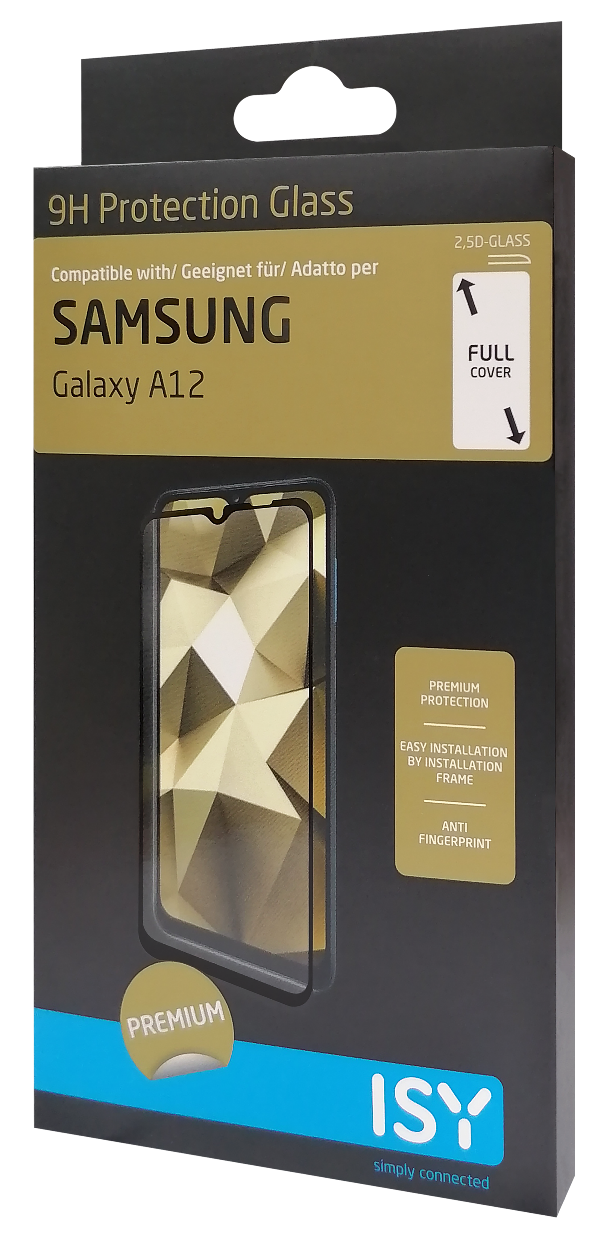Schwarz-weiß Produktverpackung für einen Bildschirmschutz, mit einer Grafik eines Telefons.