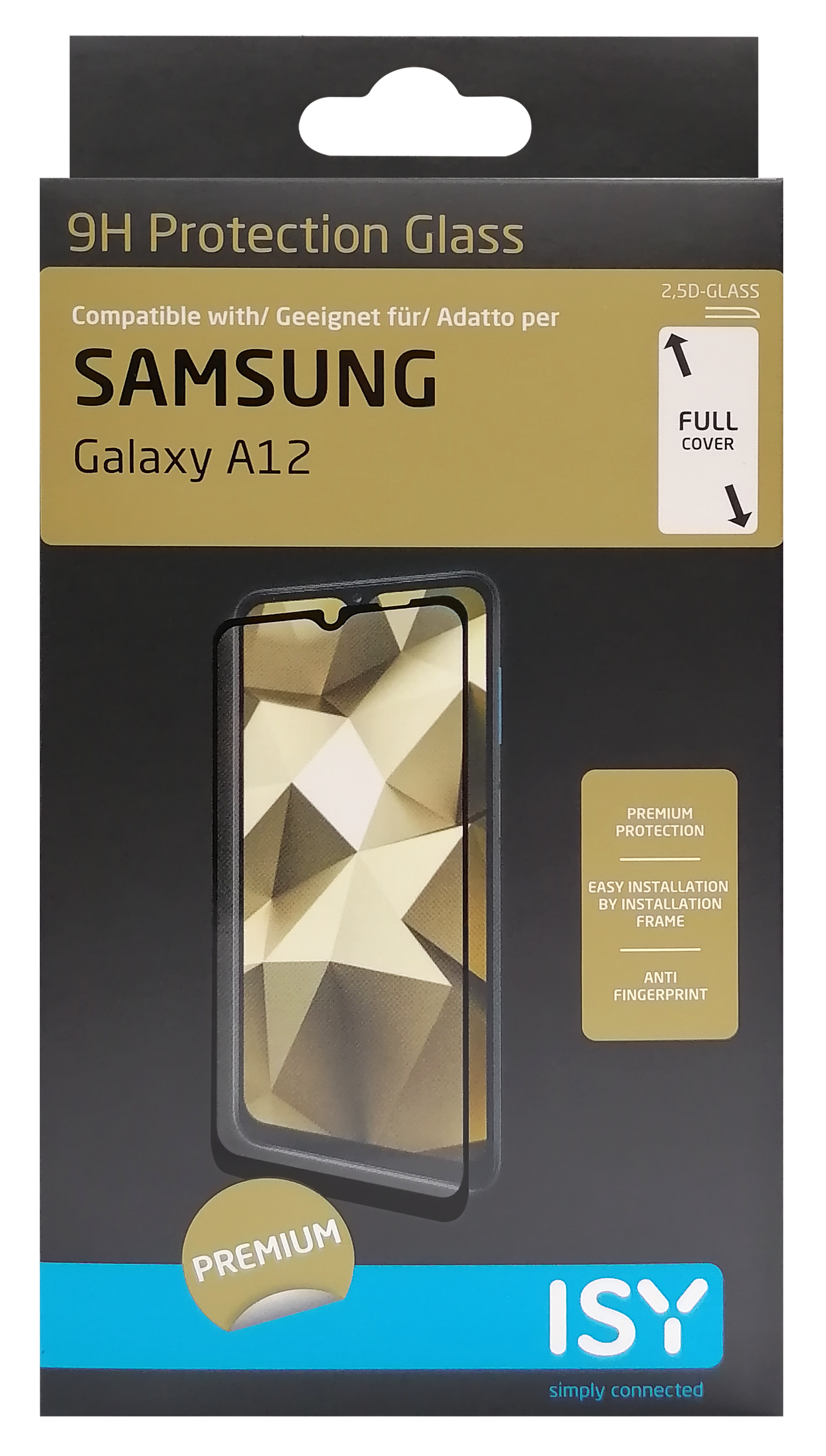 Eine Schachtel für einen Bildschirmschutz für Telefone wird gezeigt. Es ist das Samsung Galaxy A12 sichtbar.