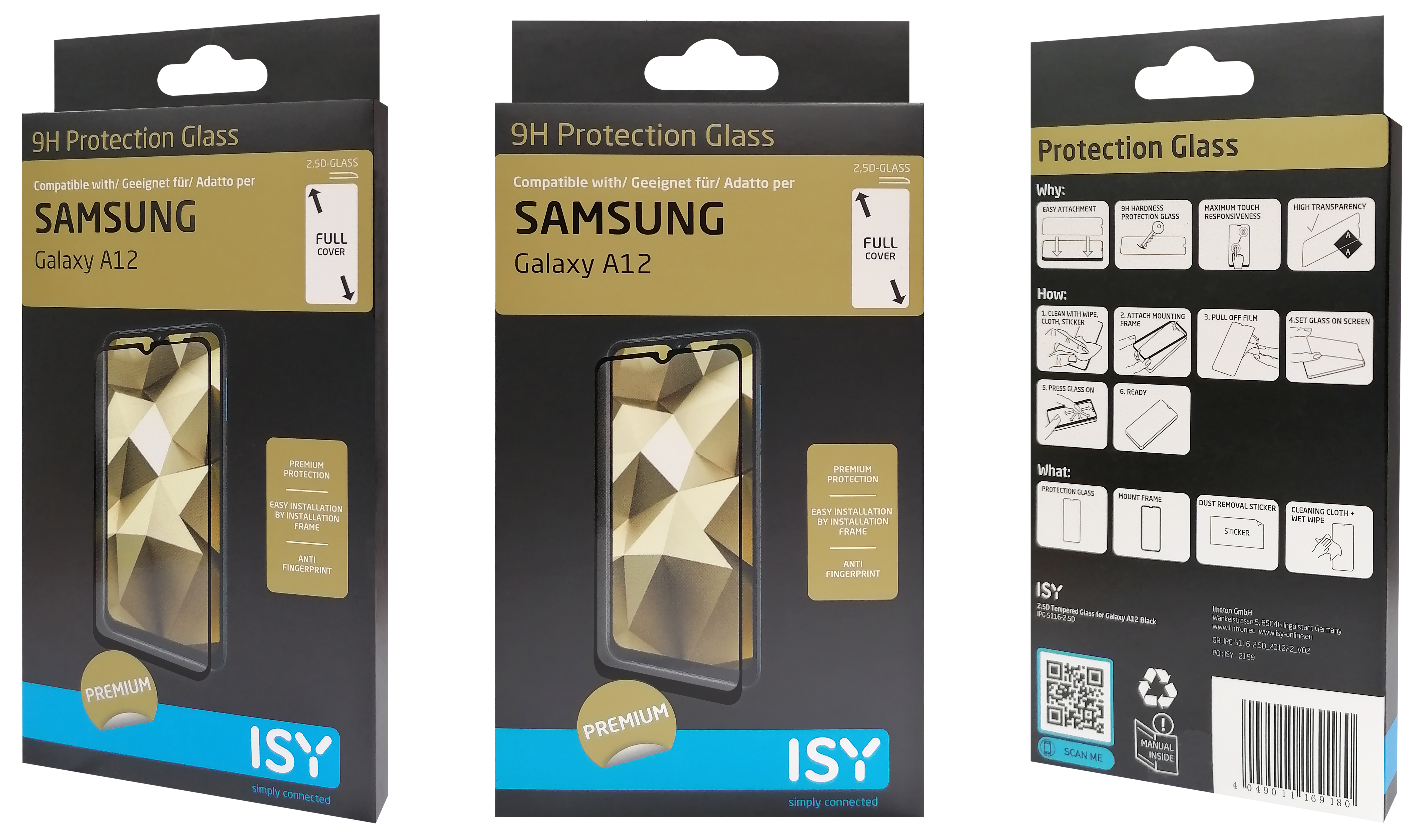 Verpackung für einen Samsung Galaxy A12 Displayschutz. Zeigt den Schutz und Details.