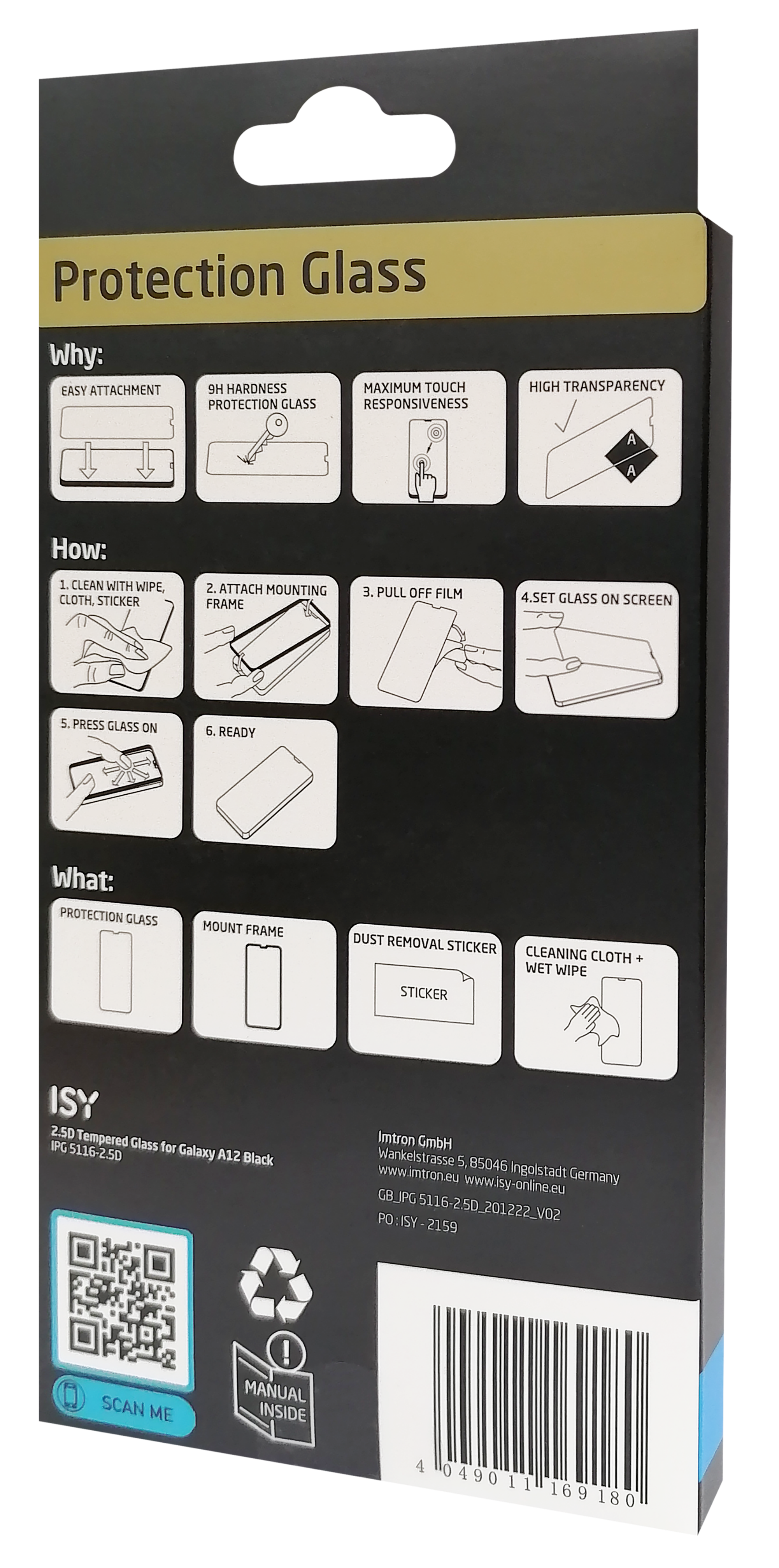 Verpackung eines Displayschutzglases mit Anwendungsschritten.