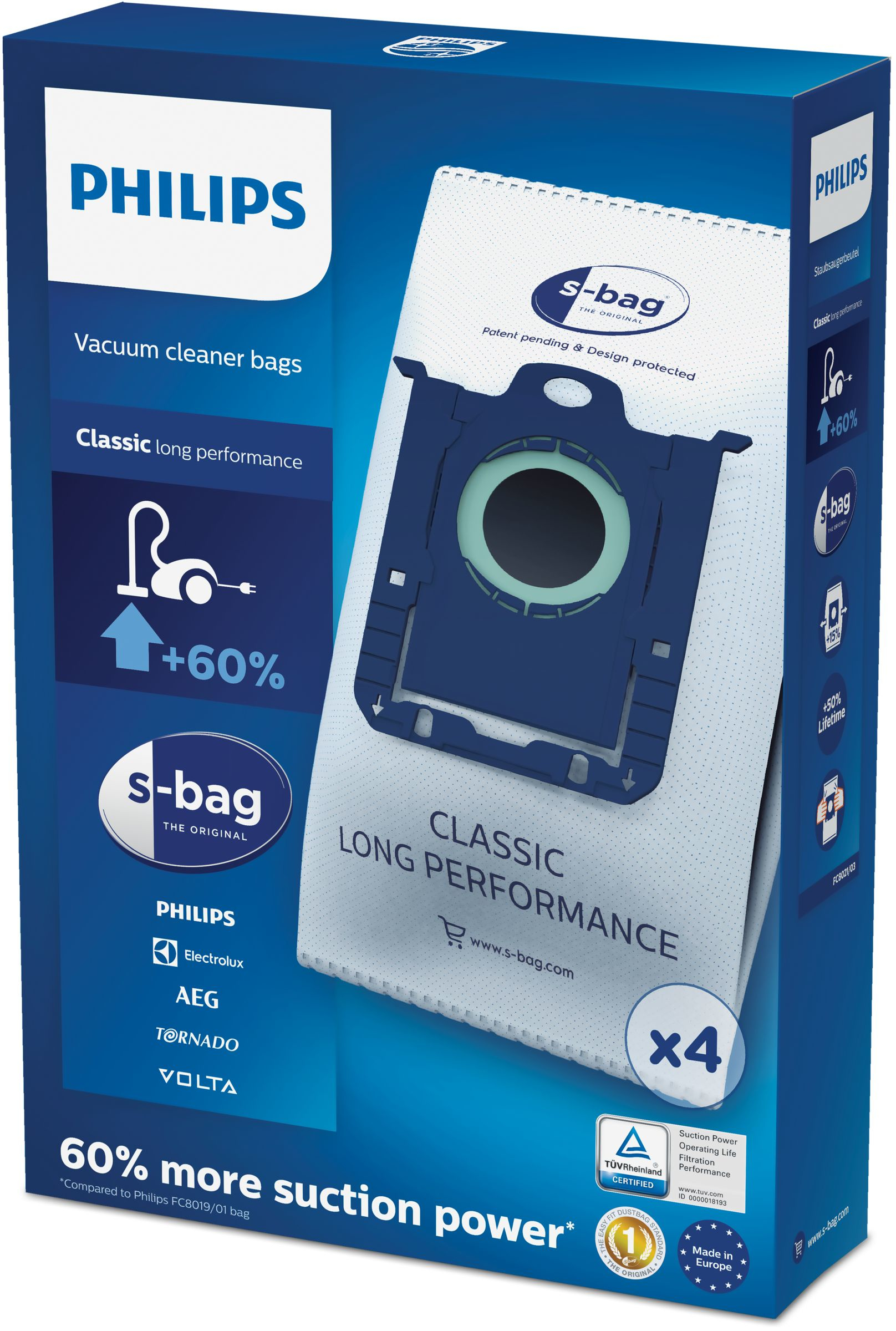 Vacuum cleaner bags box, with 'S-bag' and 'Philips' branding, blue and white colors.