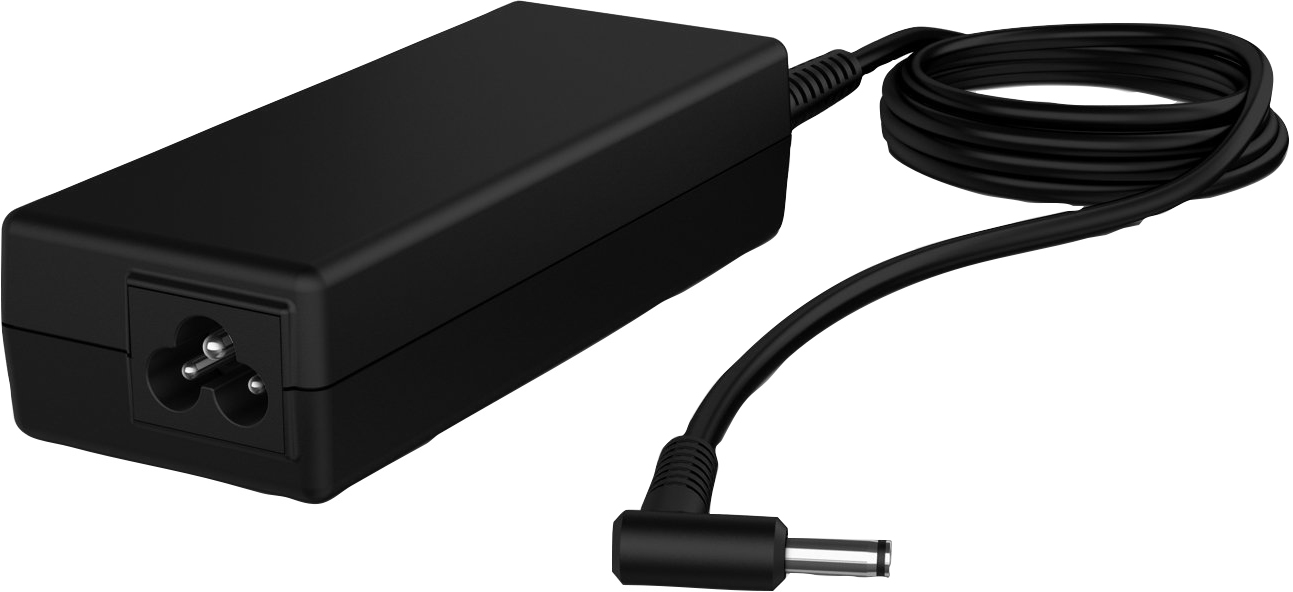 A black power adapter for a laptop. The plug is on the left, the connector on the right.