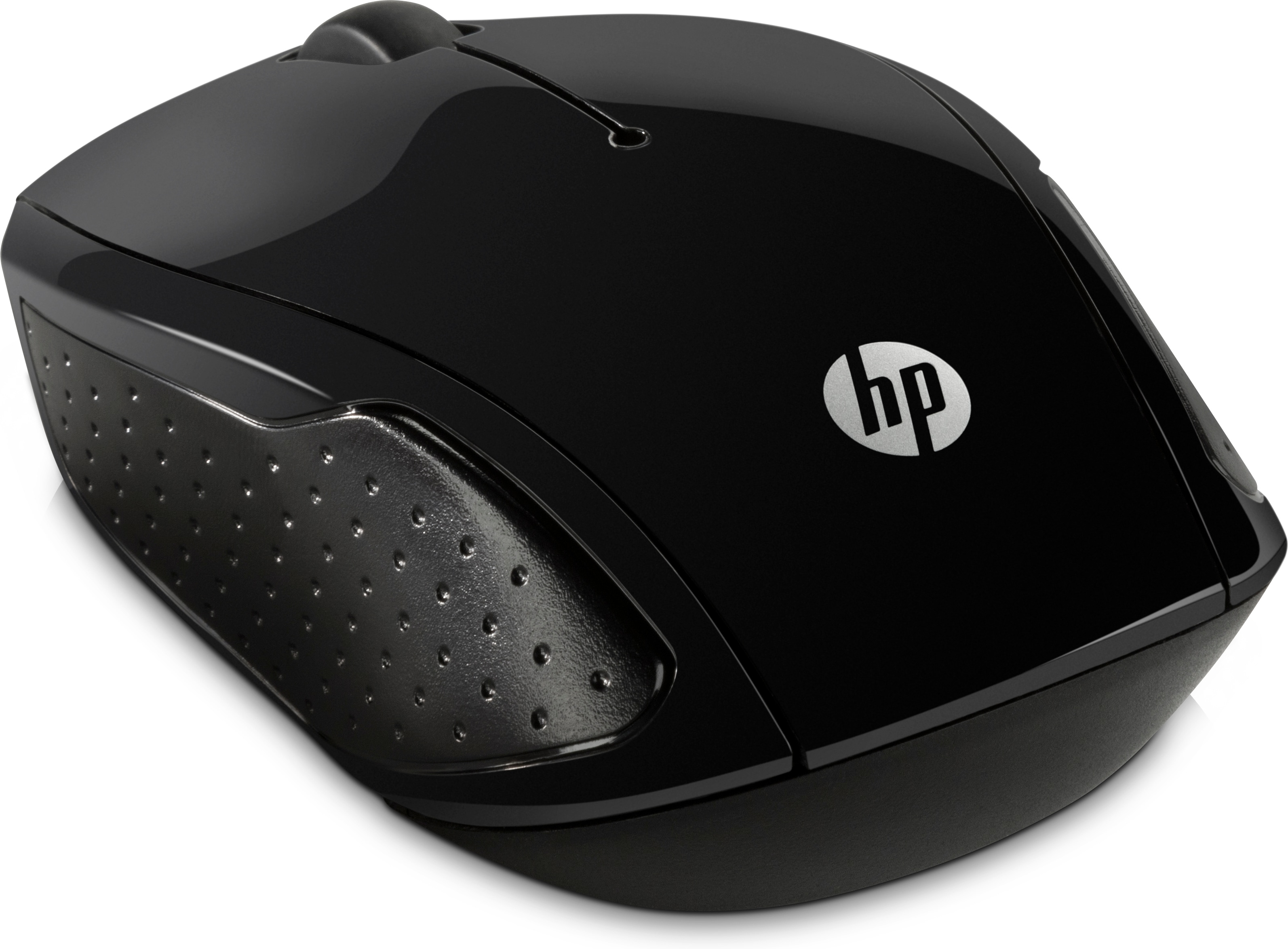 A black wireless mouse with the HP logo, on a white background.