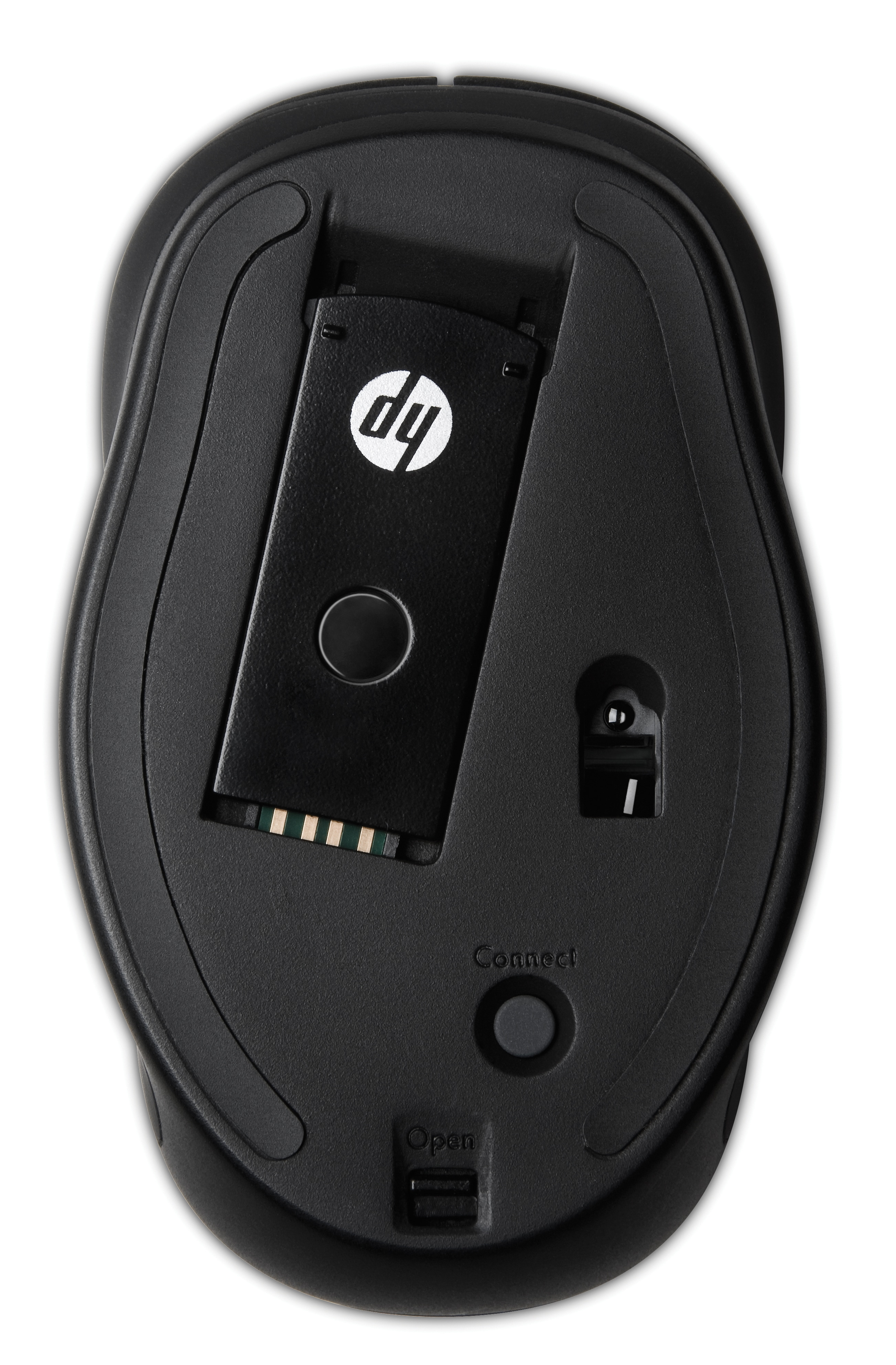 Ratón HP negro, vista inferior, con un receptor USB dentro y un botón de conexión.