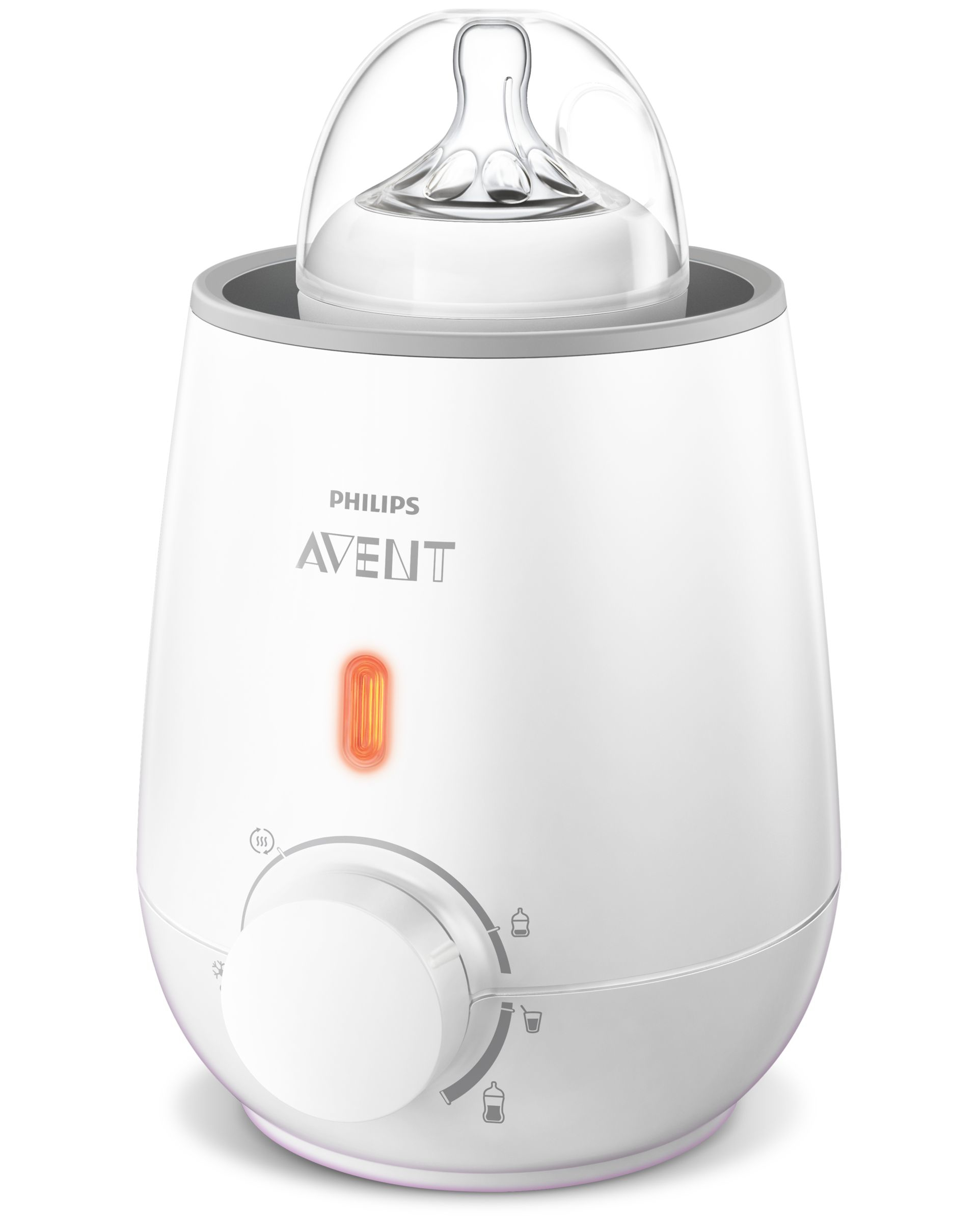 Calentador de biberones Philips Avent blanco con un biberón dentro.