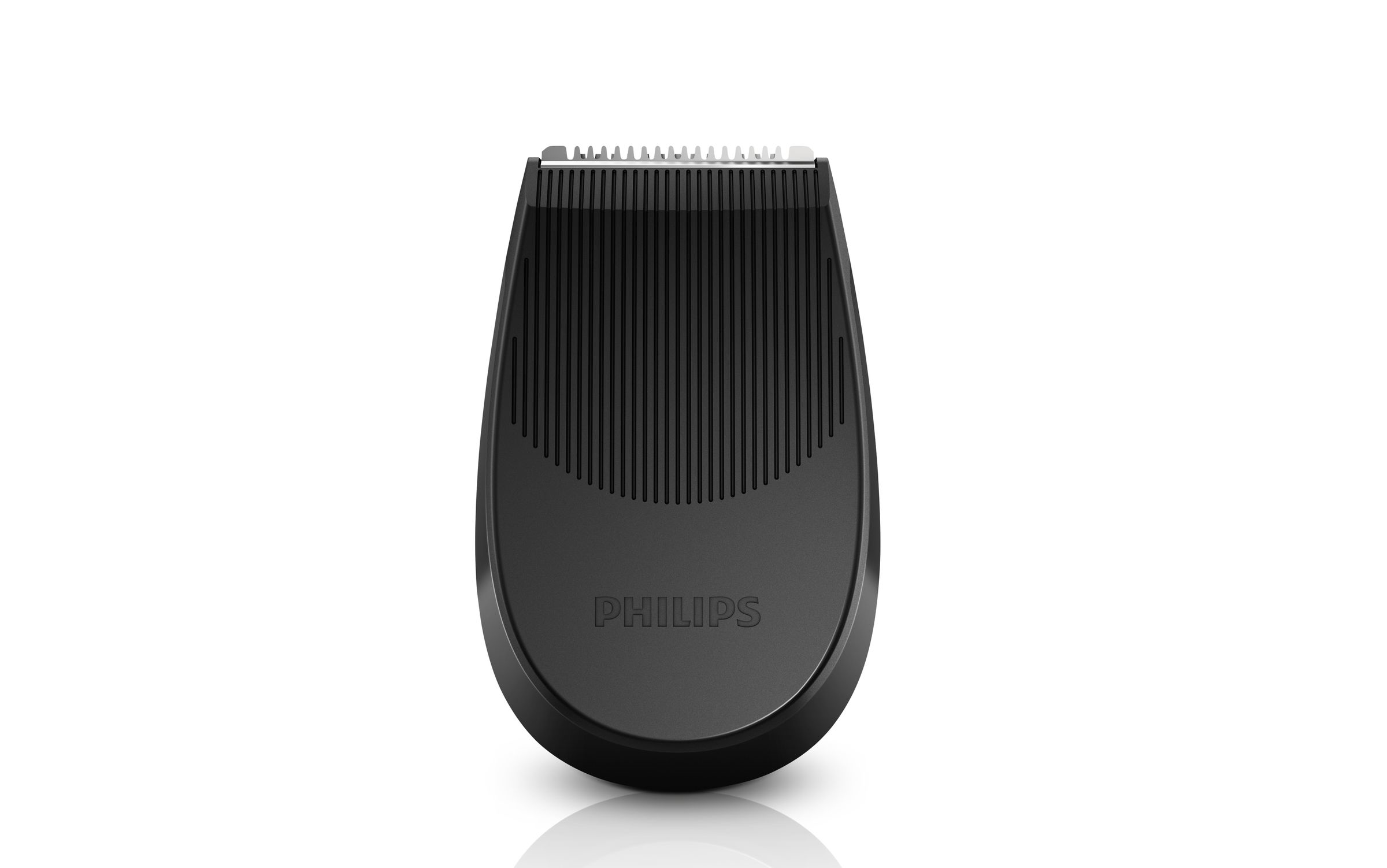 Primer plano del cabezal de una afeitadora negra para recortar, con el logo 'Philips'.