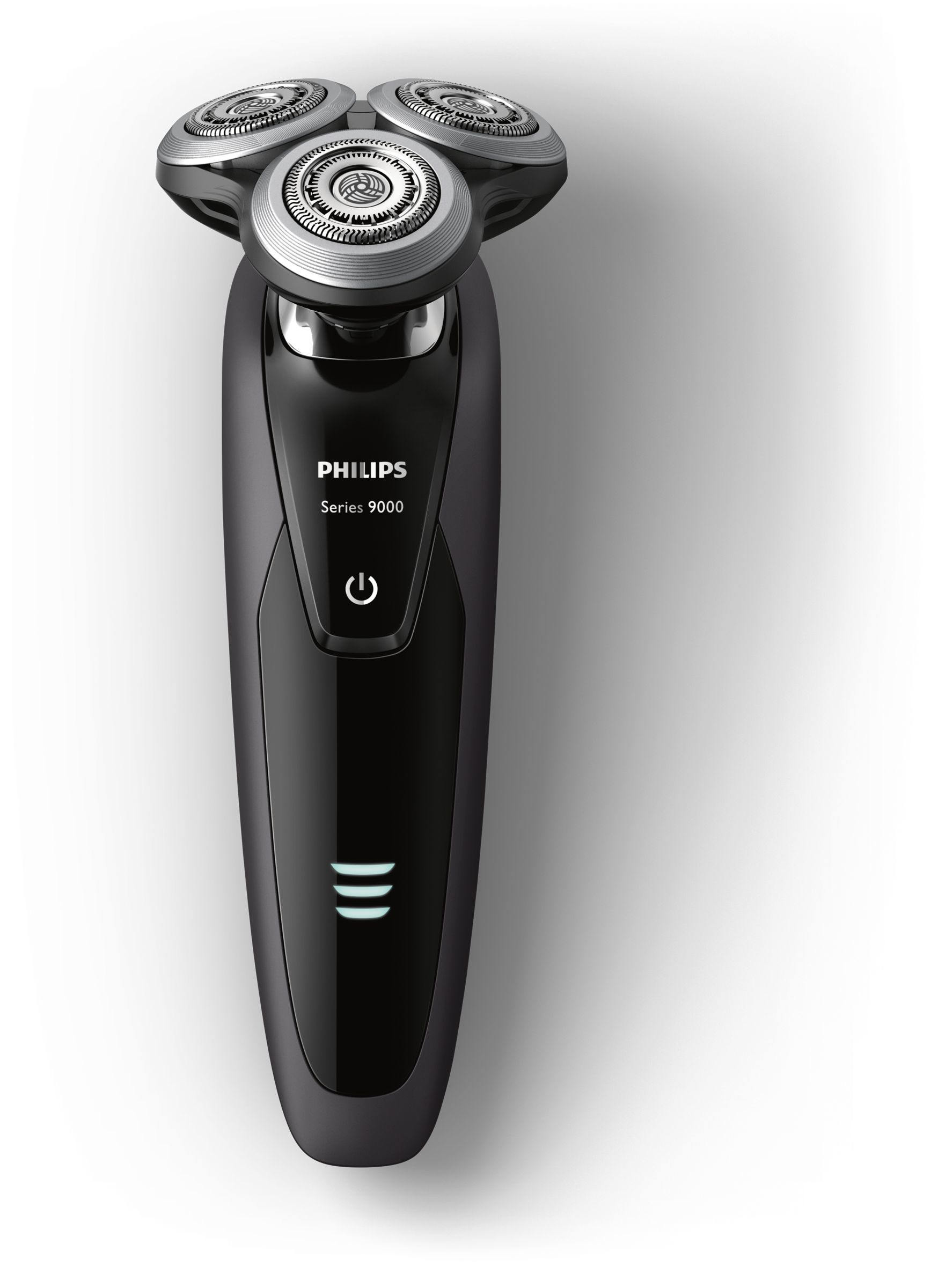 Afeitadora negra Philips Series 9000 con tres cabezales giratorios, botón de encendido e indicadores.