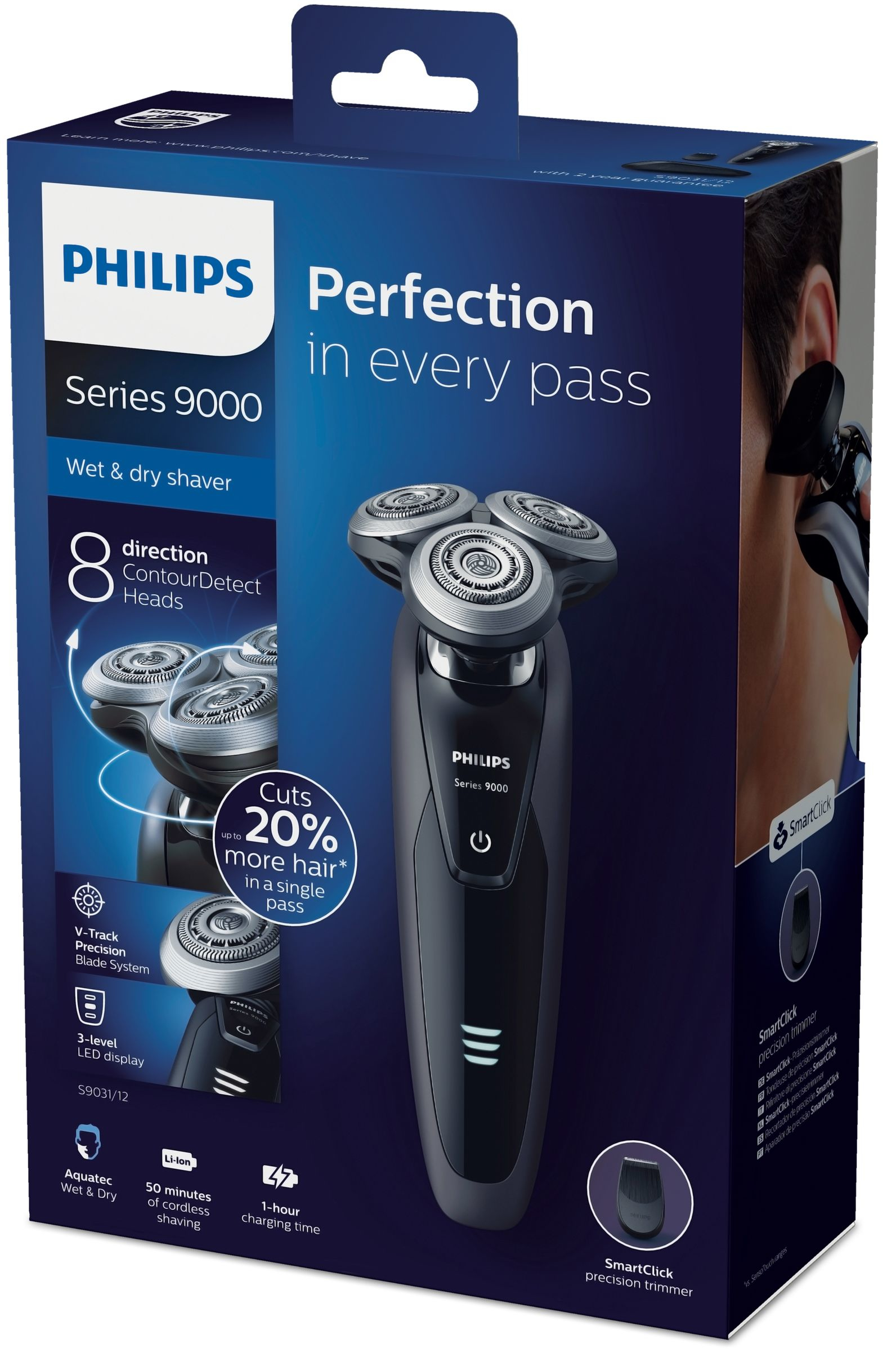 Una caja de afeitadora Philips Series 9000 muestra una afeitadora y características. Un hombre se afeita.