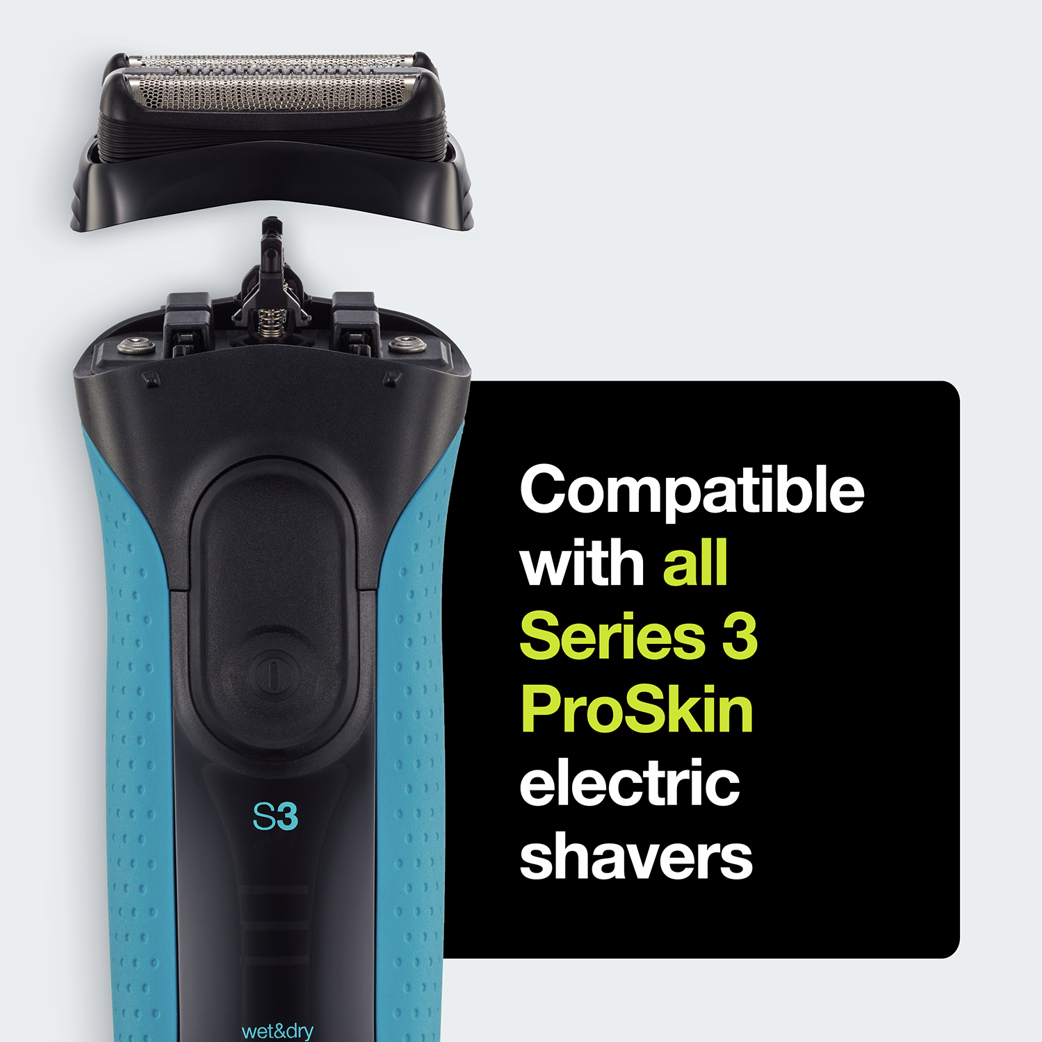 An electric shaver is displayed with its head detached, alongside text: 'Compatible with all Series 3 ProSkin'.