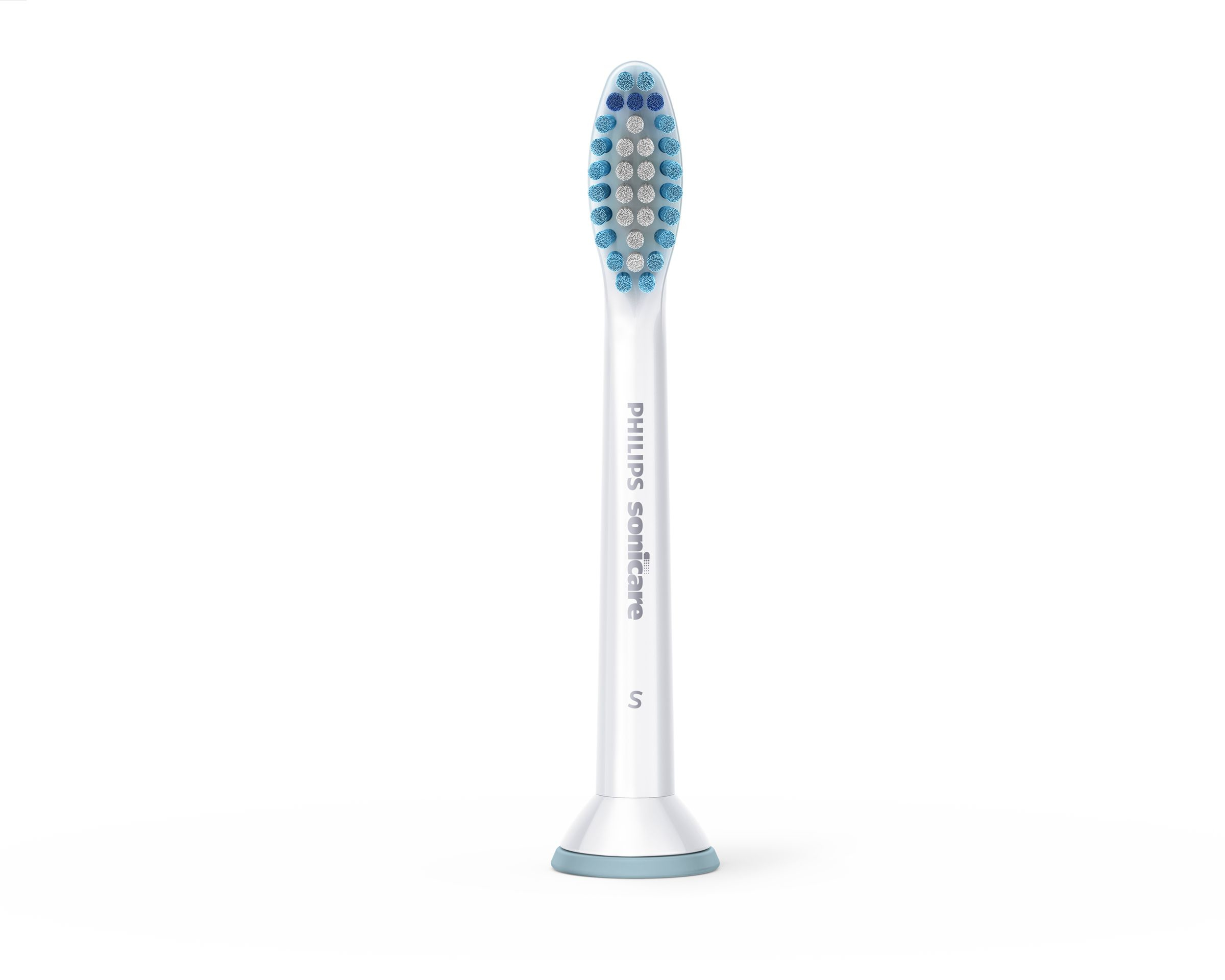 Cabezal de cepillo de dientes Philips Sonicare blanco con cerdas azules y blancas. La marca está impresa.