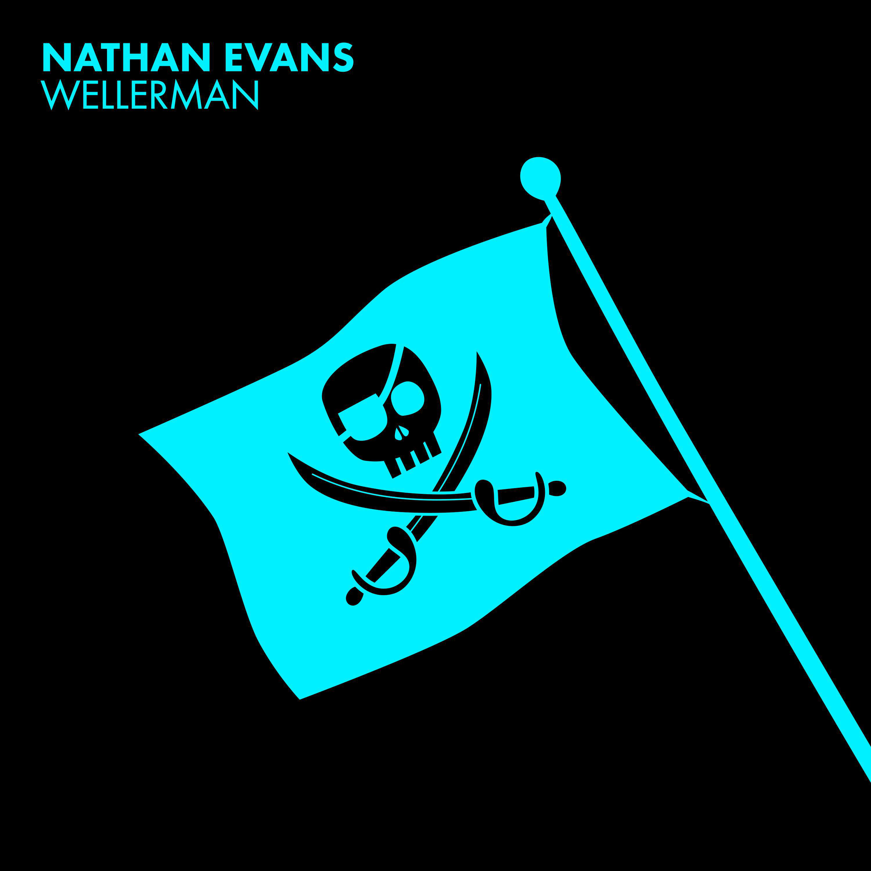 Eine Piratenflagge mit Totenkopf und gekreuzten Knochen. Der Text lautet 'NATHAN EVANS WELLLERMAN' in Blau.