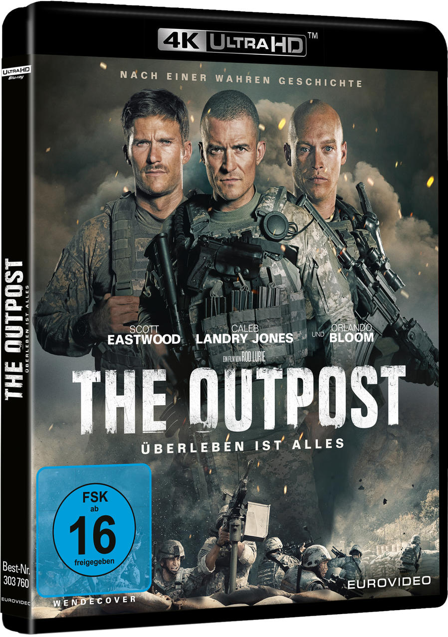 Filmcover von "The Outpost" mit drei Männern in Militäruniform, Himmel im Hintergrund.