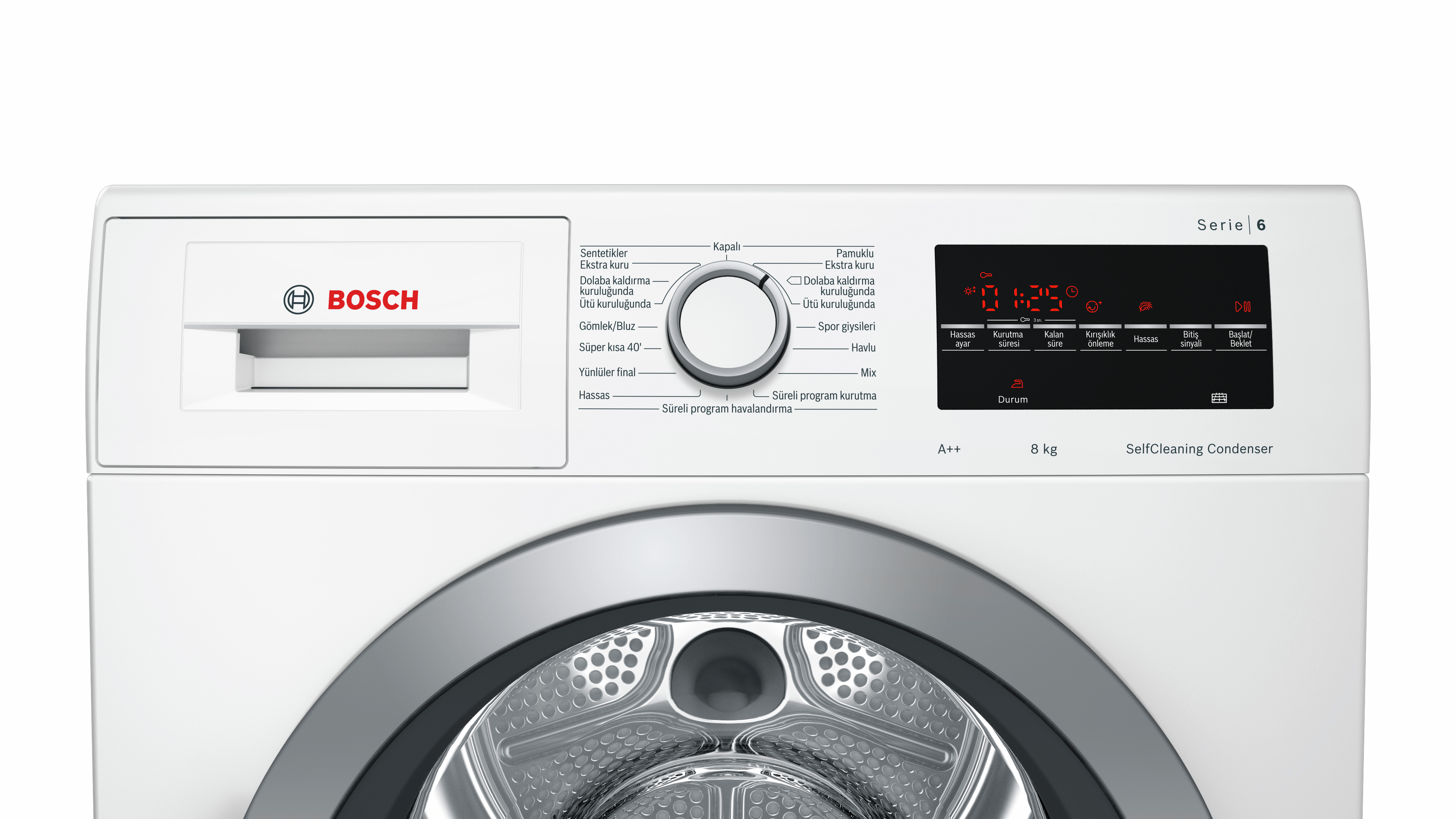 Kontrol paneli ve ekranı olan beyaz bir Bosch çamaşır makinesi.