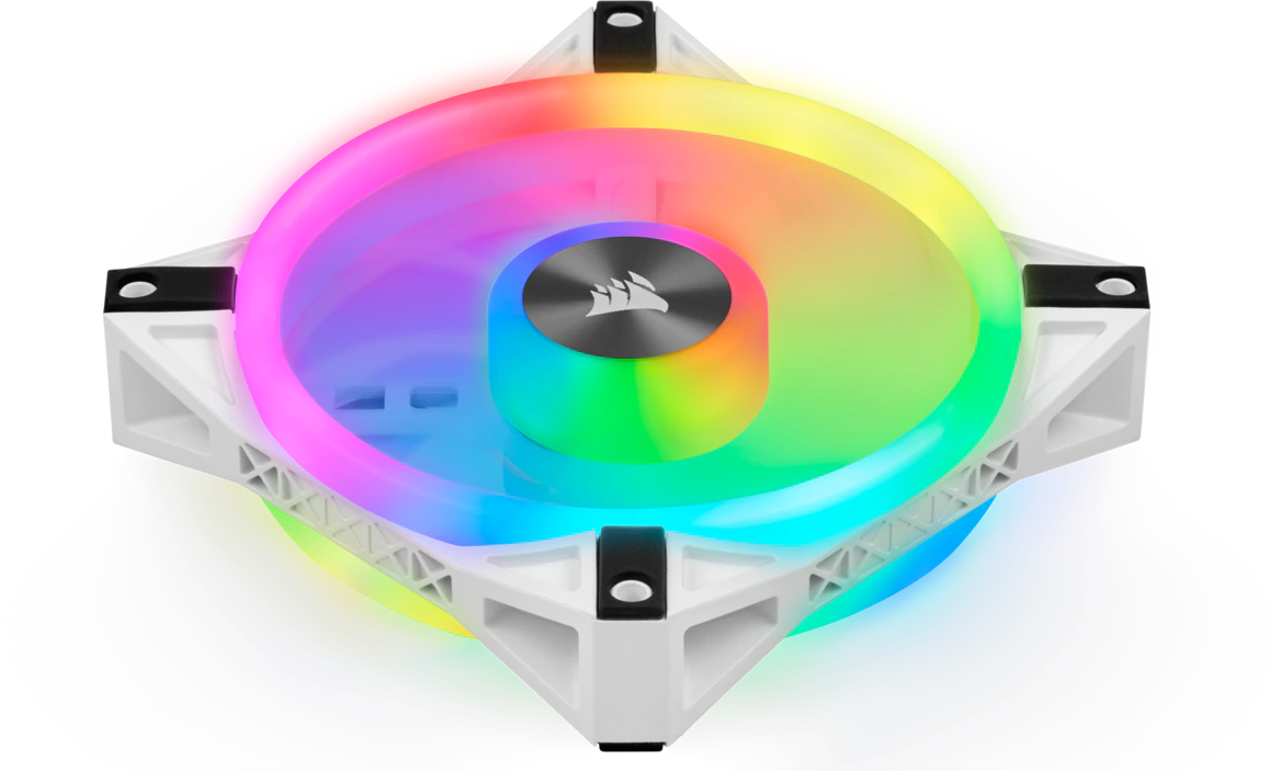 Ein weißer Computerlüfter mit einem regenbogenfarbenen Licht in der Mitte.