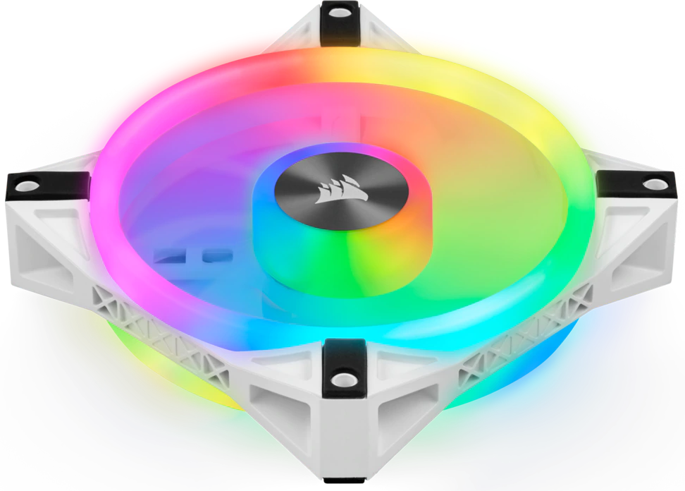 Draufsicht eines weißen Lüfters mit farbenfroher RGB-Lichtanzeige in der Mitte.