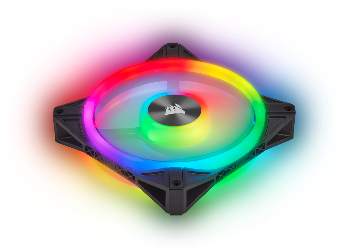 Computerlüfter mit RGB-Beleuchtung, der ein lebendiges Farbspektrum zeigt.