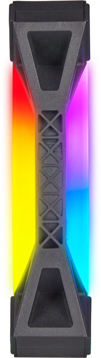 Ein schwarzer Kühlkörper mit einem Regenbogen von LED-Lichtern, die aus der Mitte kommen.