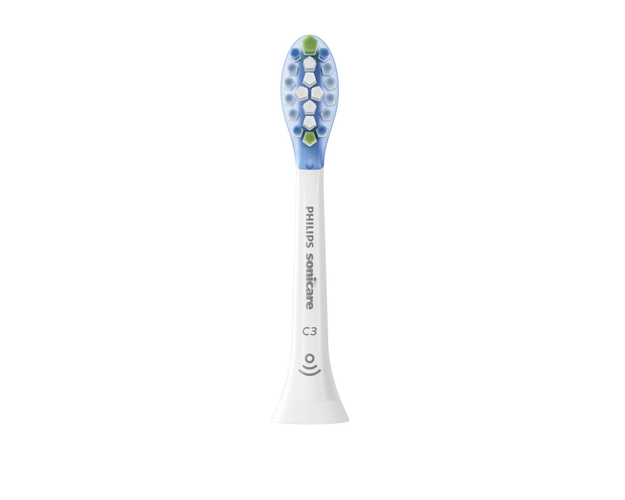 Een witte Philips Sonicare tandenborstelkop met blauwe en groene borstelharen.