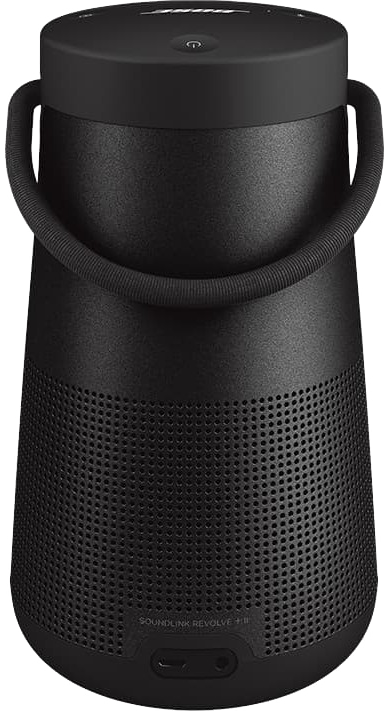 Fekete Bose SoundLink Revolve+ II hordozható Bluetooth hangszóró, hengeres kialakítás.