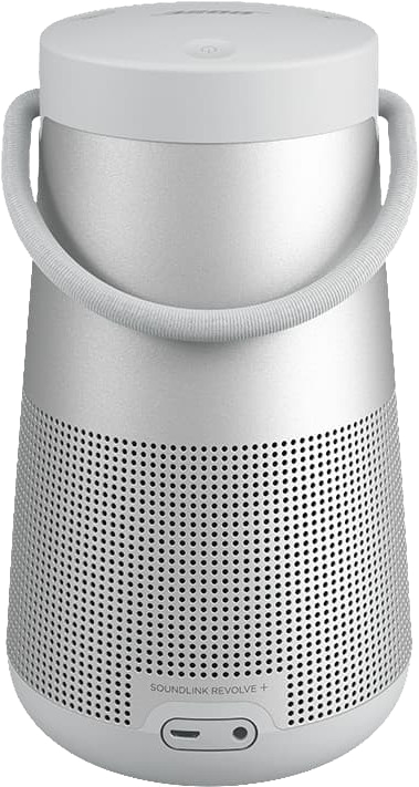 Ezüst Bose Soundlink Revolve+ hangszóró fogantyúval és perforált testtel.