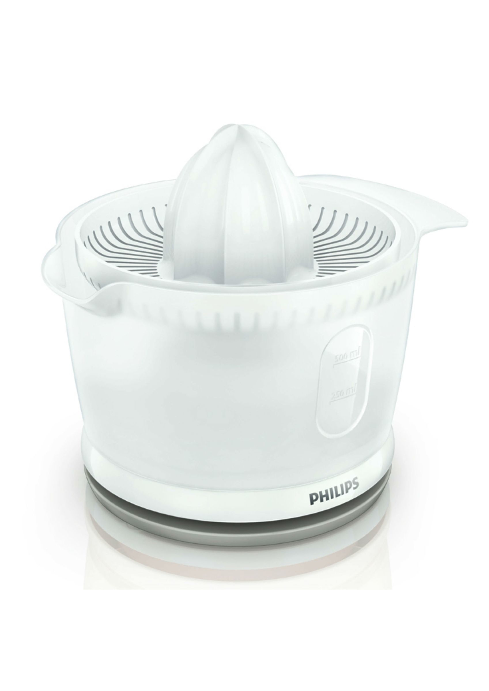 Un exprimidor de cítricos Philips blanco con un cono exprimidor y un recipiente transparente.