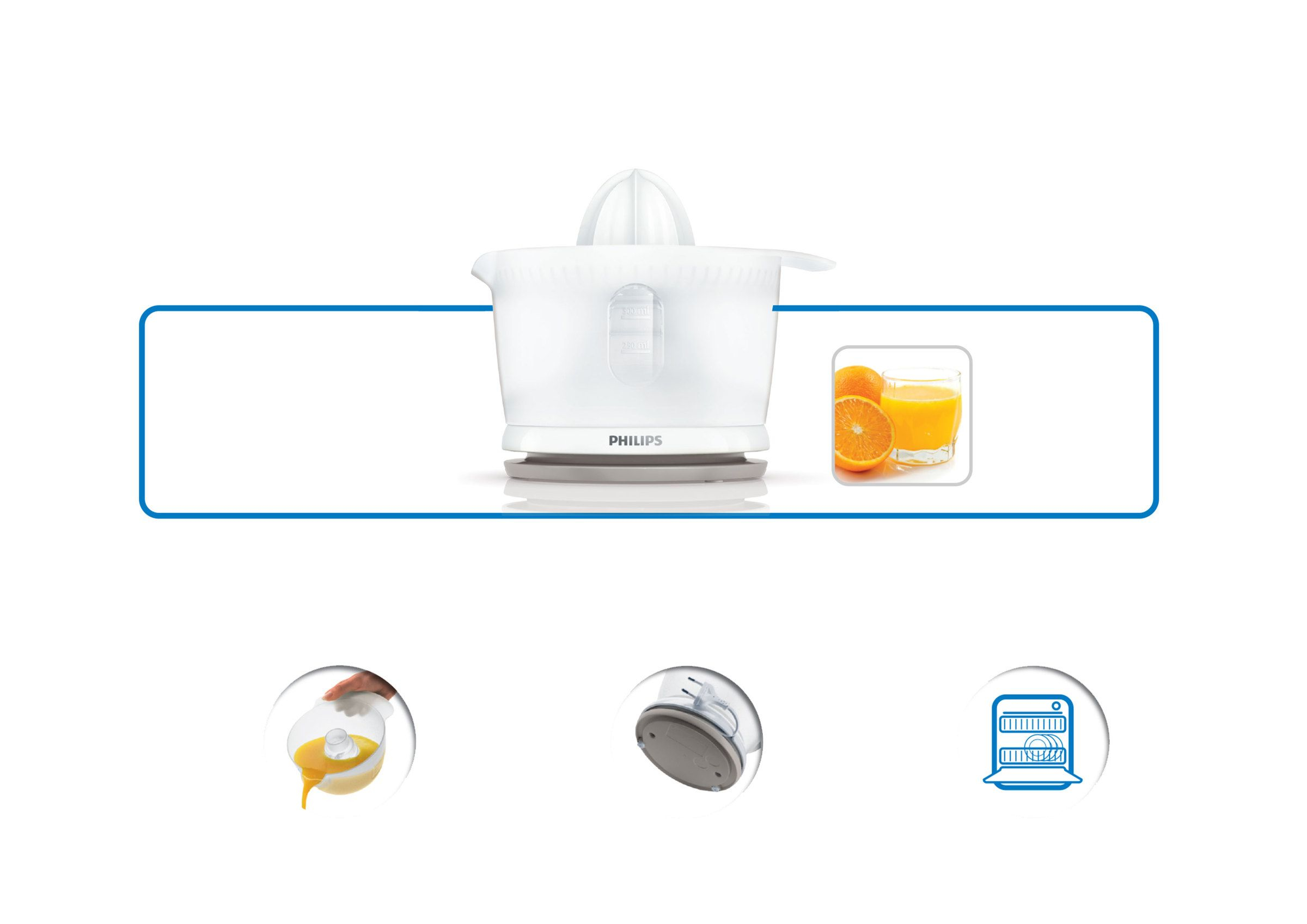 Exprimidor de cítricos Philips blanco con vaso de zumo de naranja y naranjas.