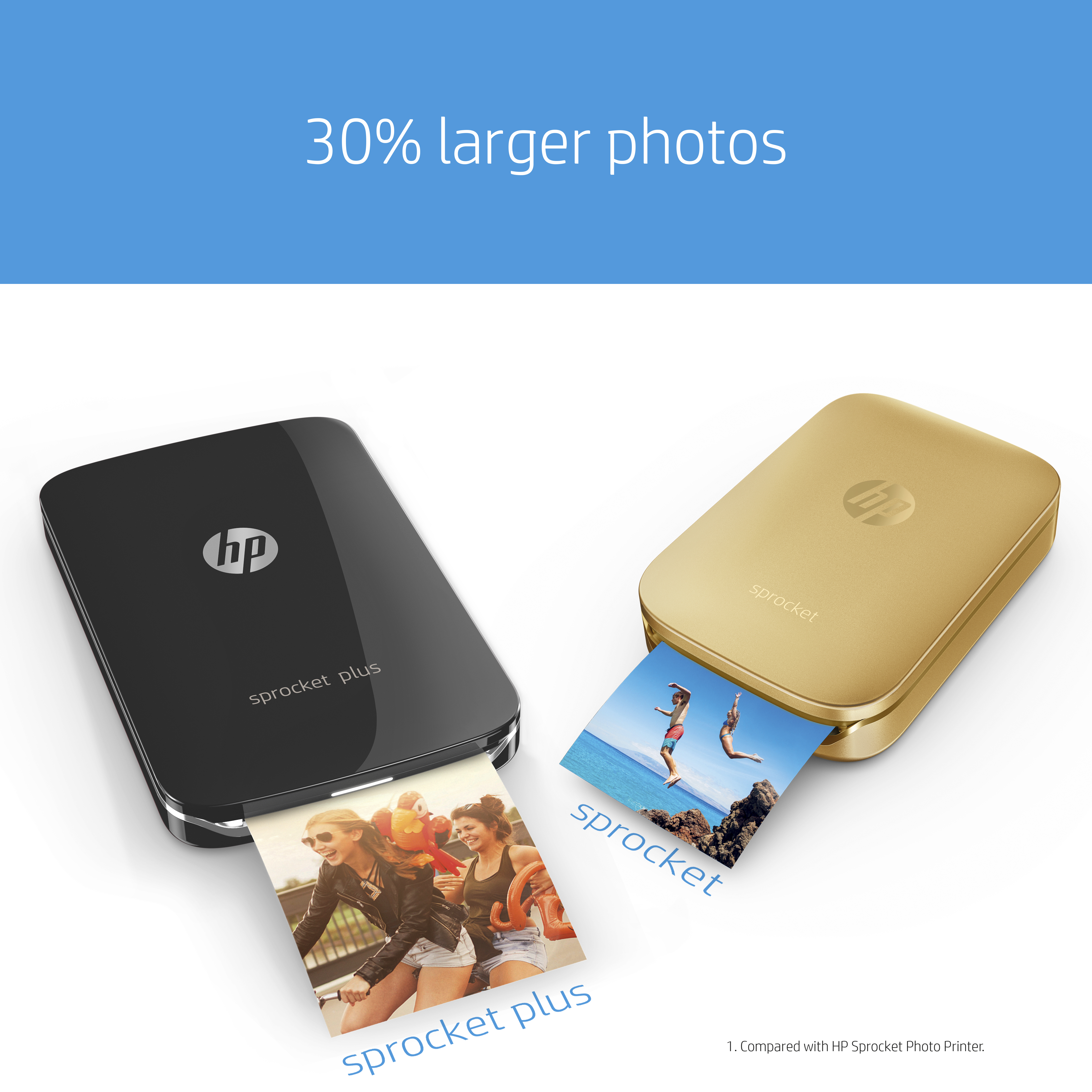 Impresora fotográfica - HP Sprocket Plus, Bluetooth, ZINK, Impresión sin tinta, Compacta, Negro