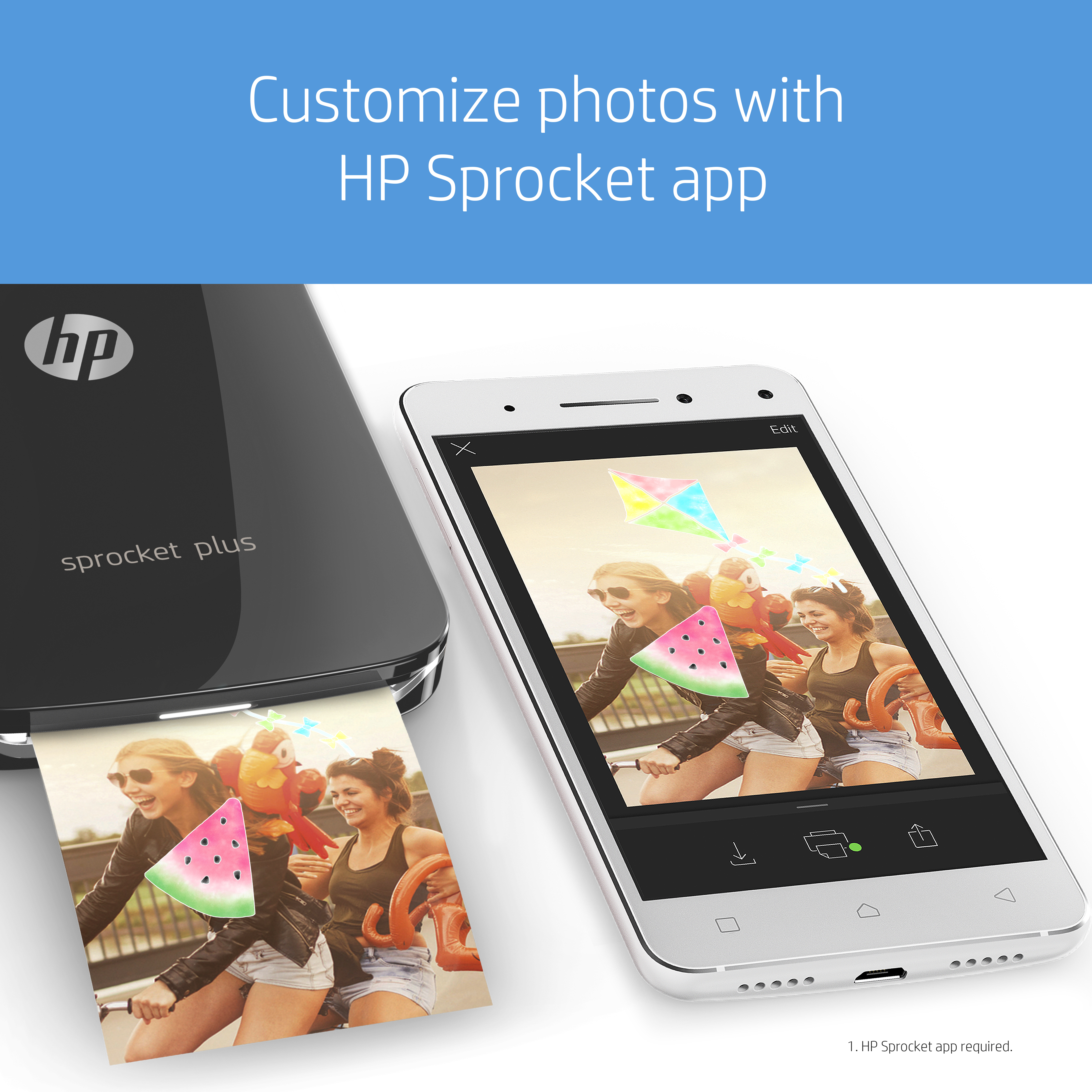 Impresora fotográfica - HP Sprocket Plus, Bluetooth, ZINK, Impresión sin tinta, Compacta, Negro
