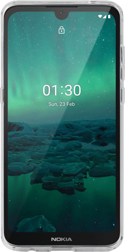 Un smartphone avec une coque transparente. L'écran affiche une scène de nature et l'heure.