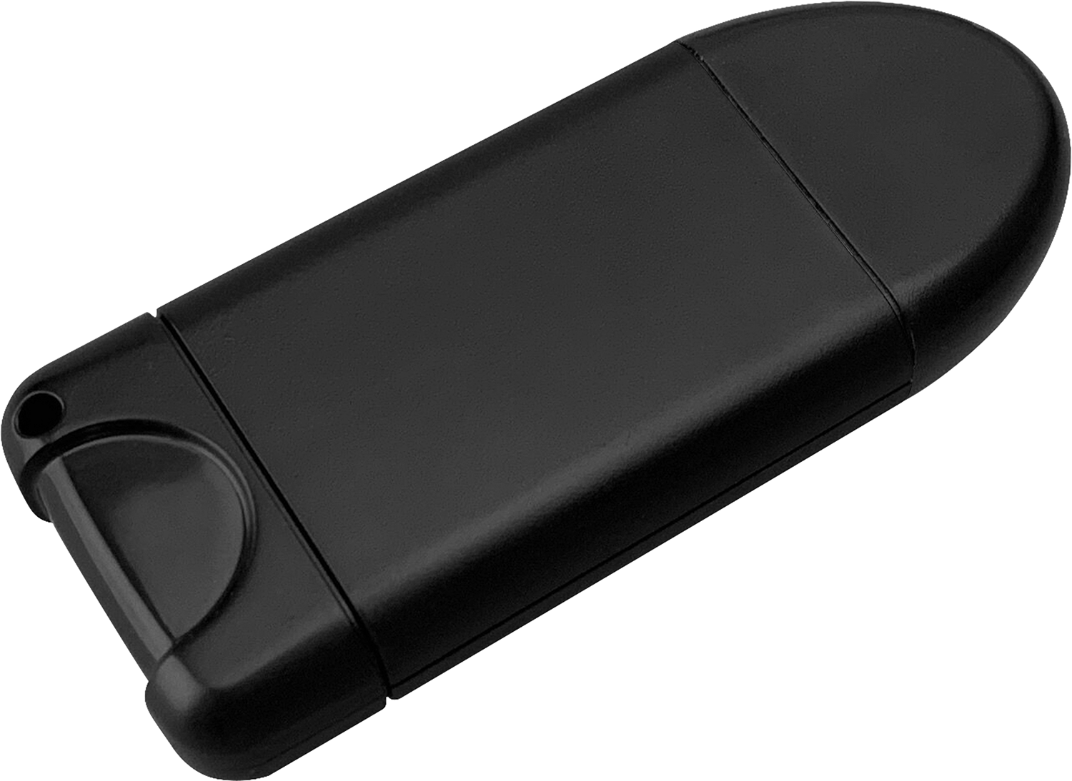 A black USB flash drive, with a rounded design and a cap, on a black background.