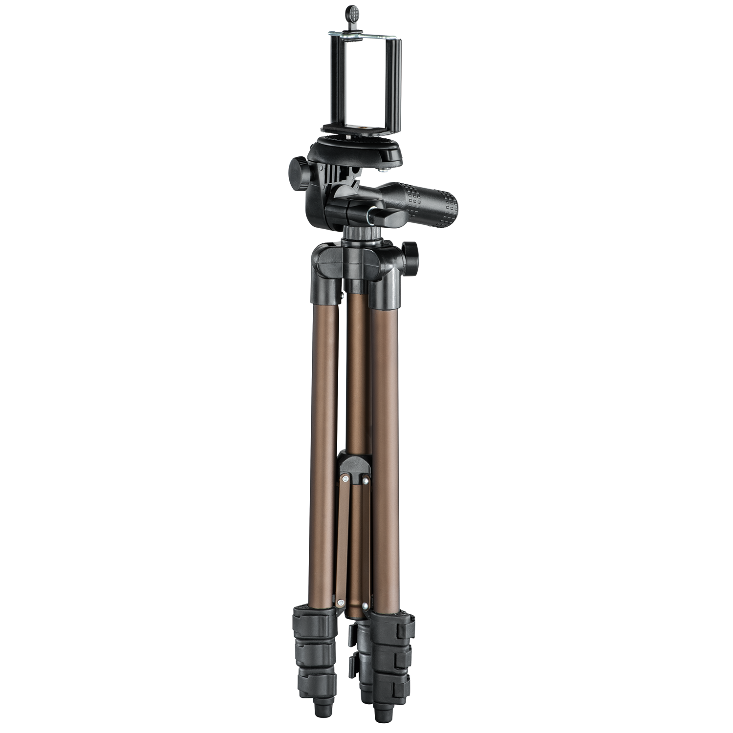 A brown and black tripod with a phone holder on top.