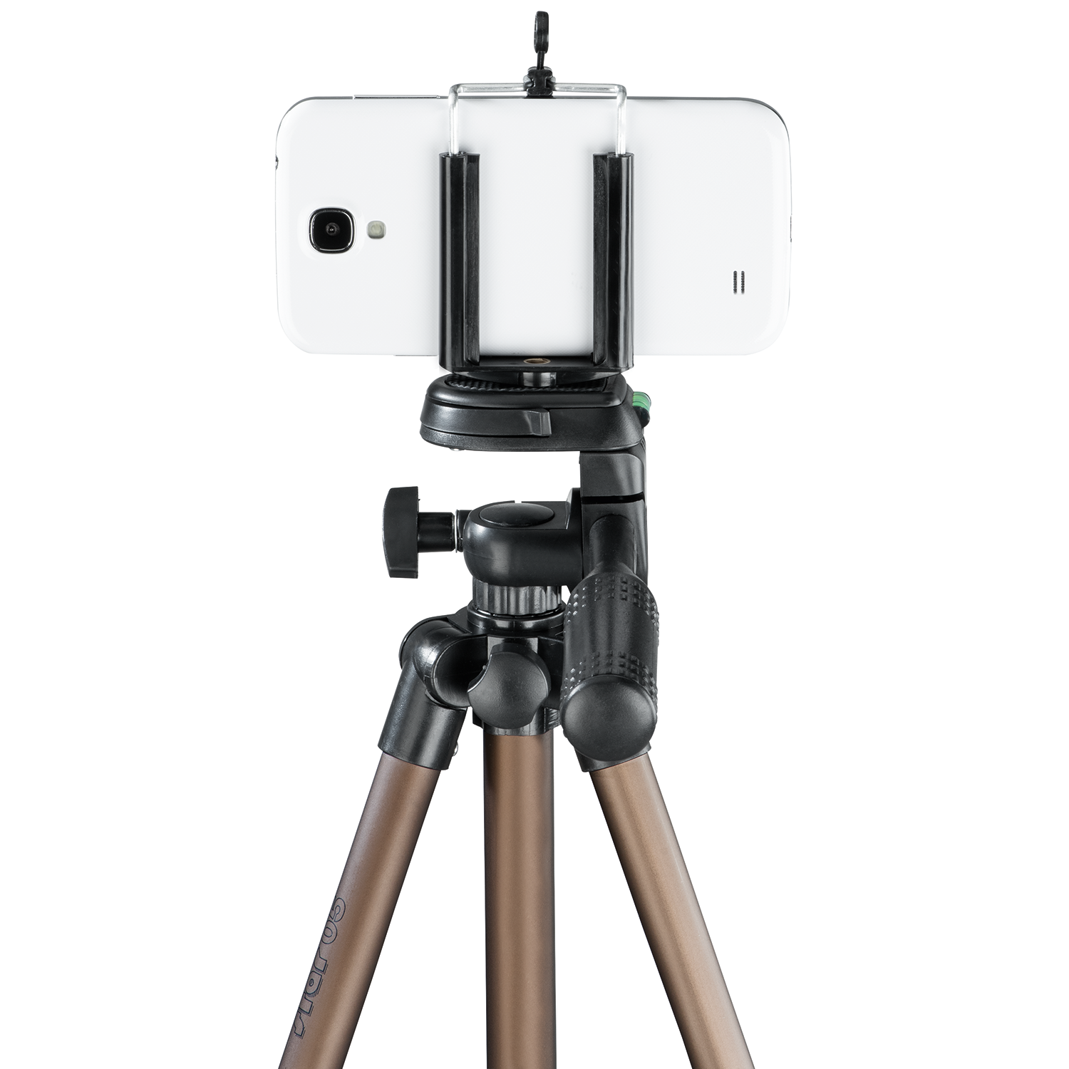 A smartphone attached to a tripod, set against a white background.