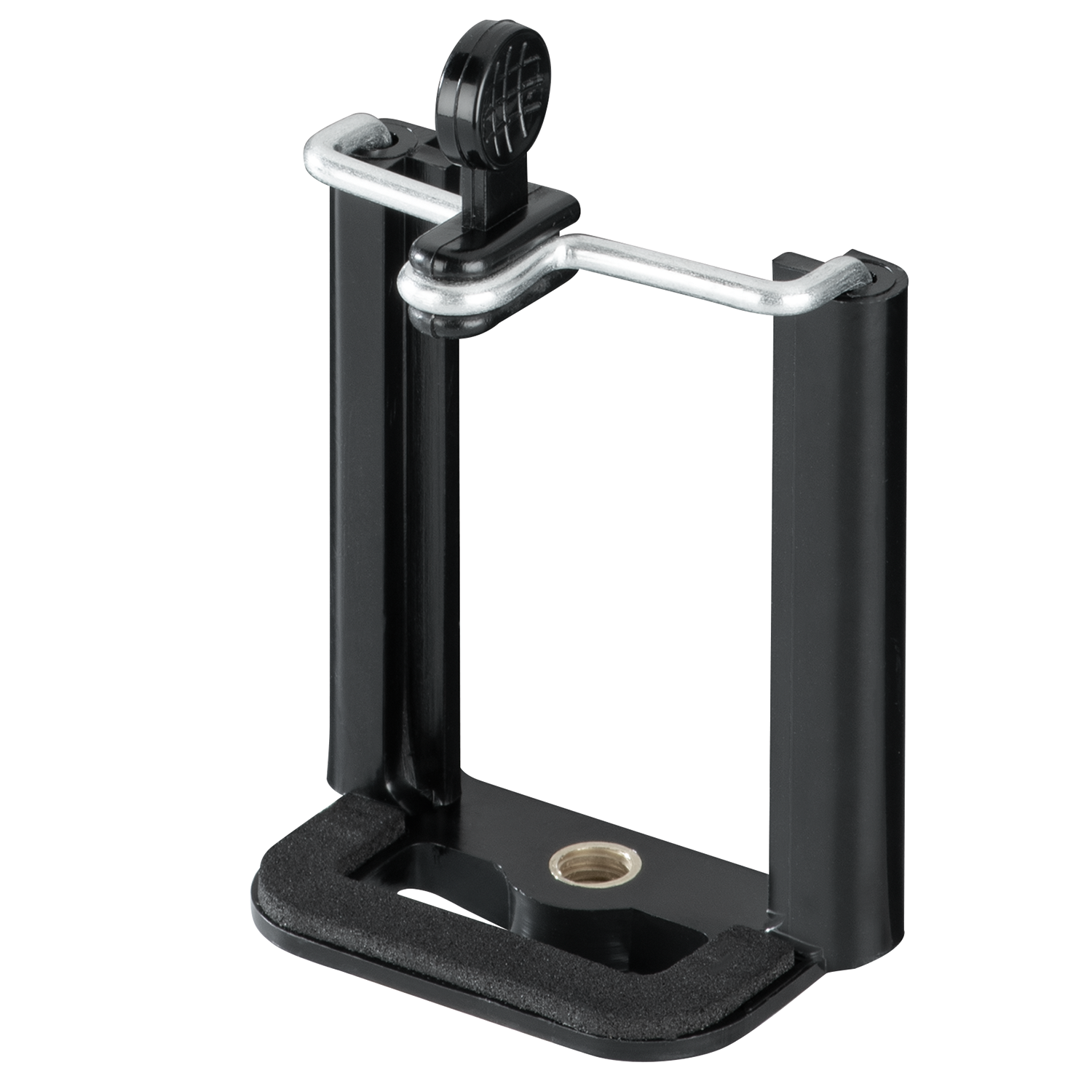 Black smartphone holder with adjustable arm, black grip.