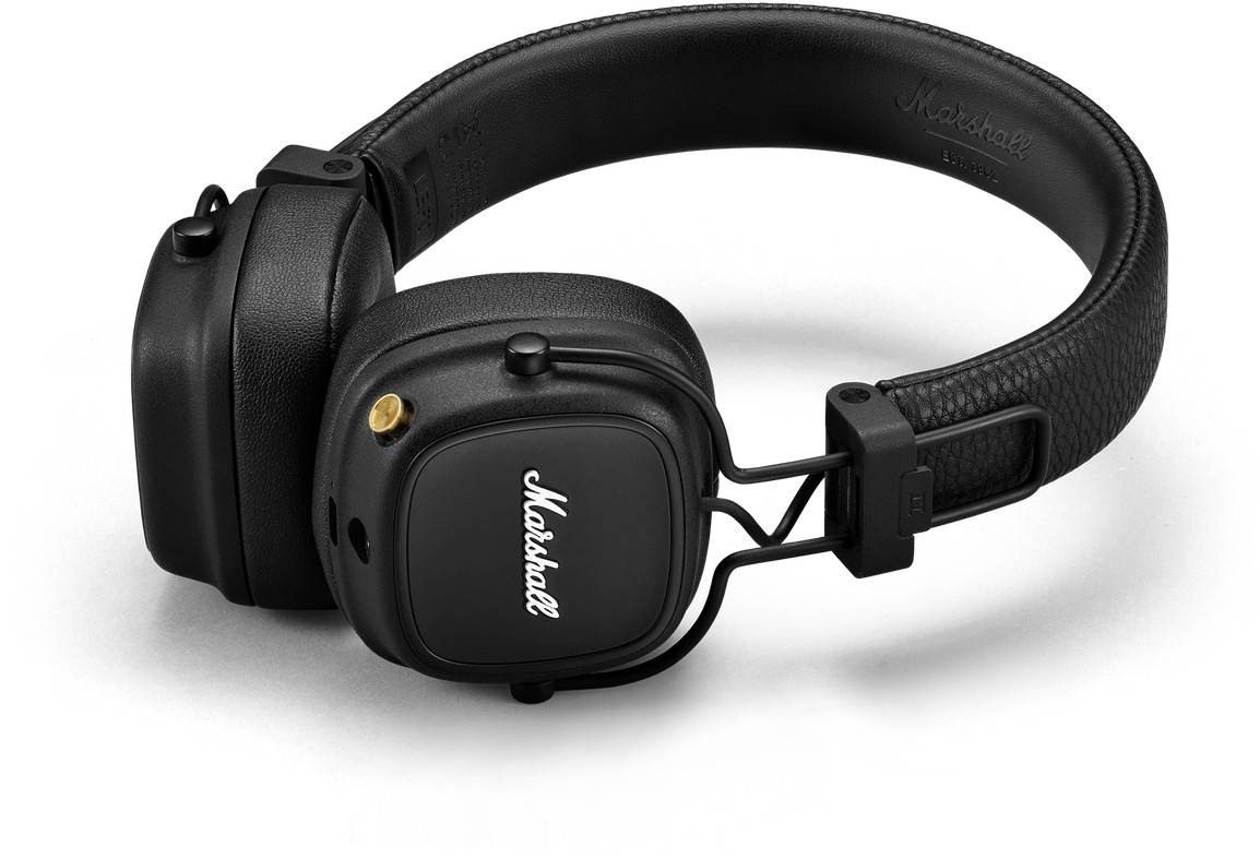 Black Marshall headphones on a white background. The headphones are wireless and have a leather headband.