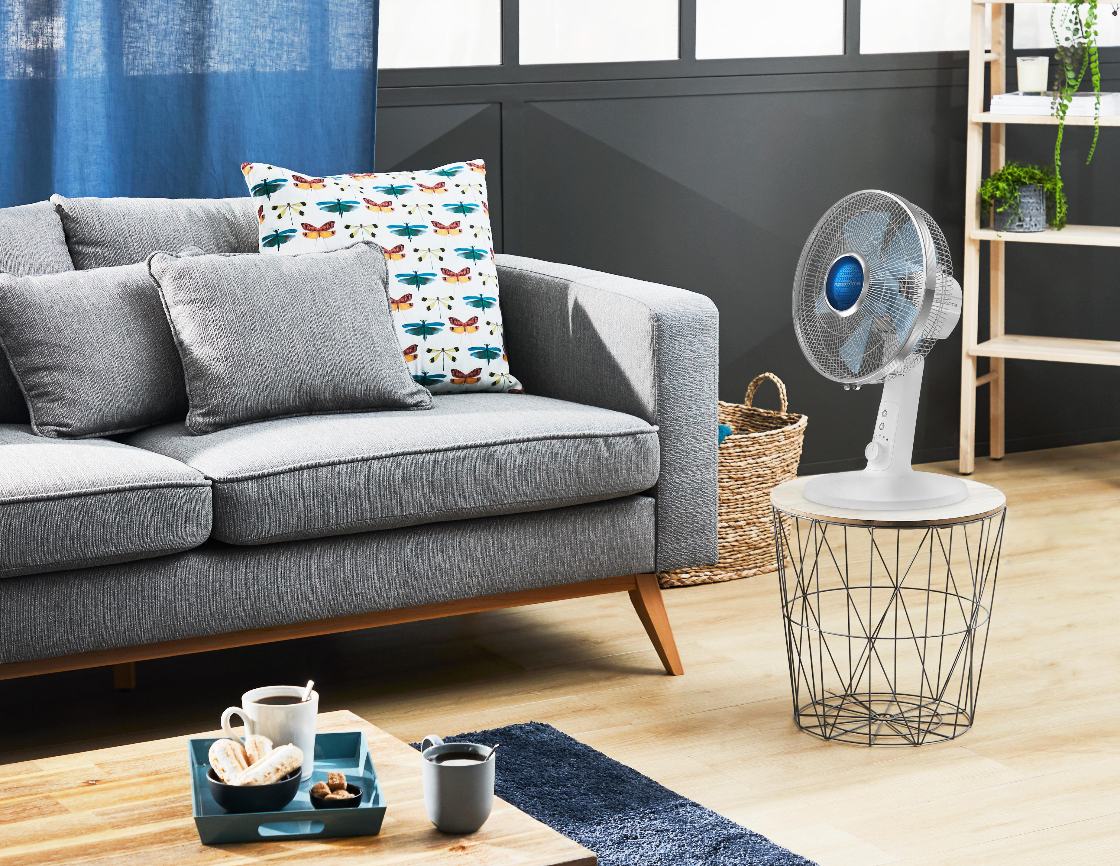 Wohnzimmer mit grauem Sofa, Ventilator auf Tisch und Couchtisch mit Tablett.
