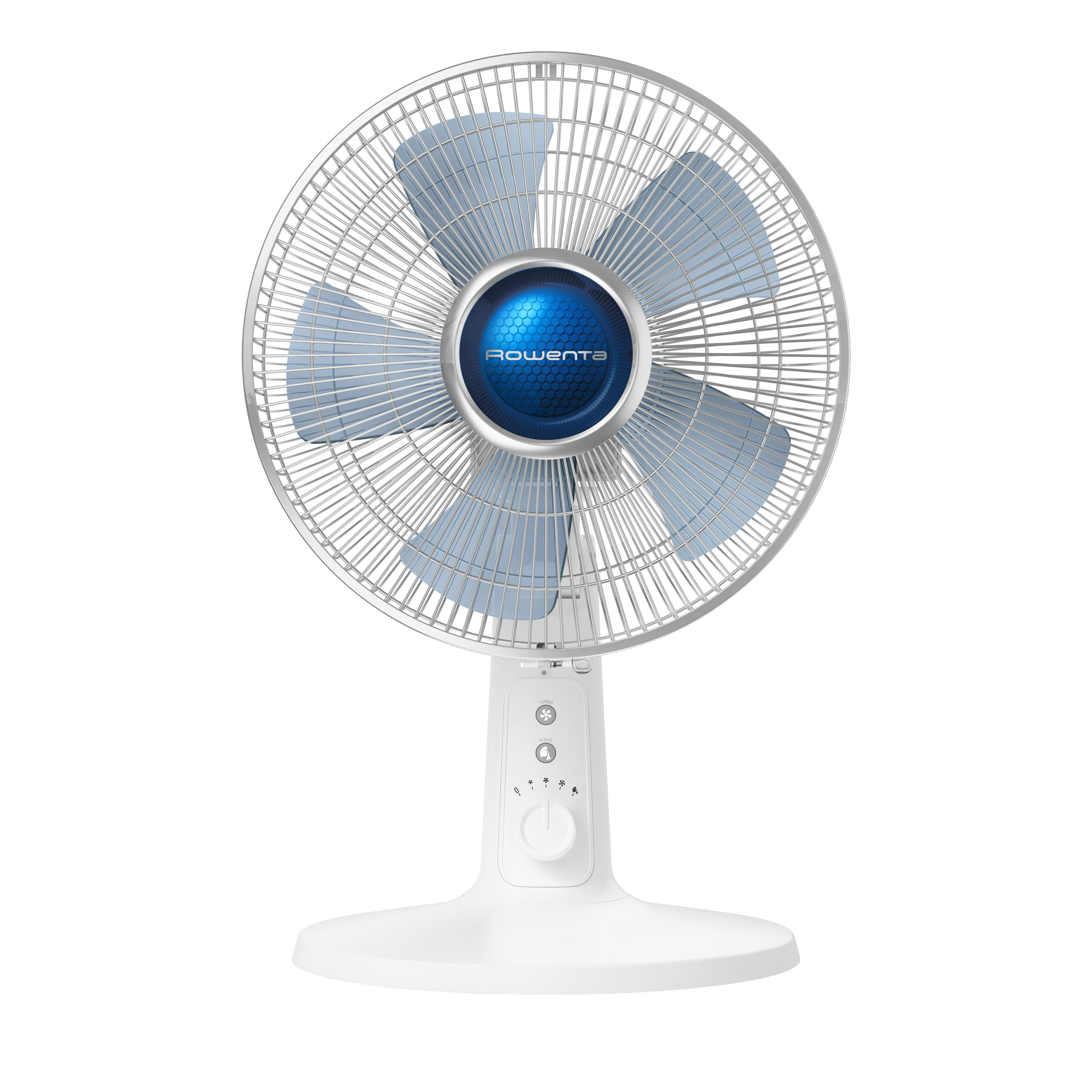 Ein weißer Ventilator mit blauen Flügeln, stehend auf einem weißen Sockel, isoliert.
