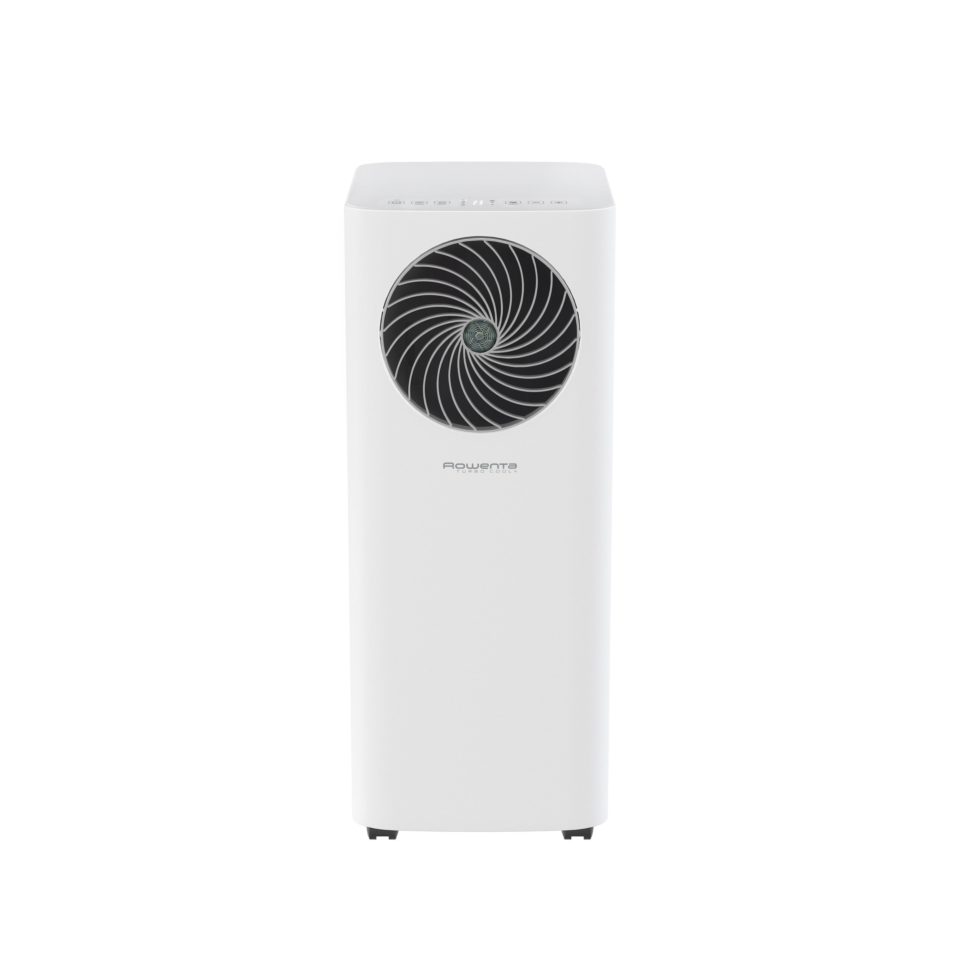 Ein weißer Luftreiniger mit einem schwarzen, kreisförmigen Ventilator auf der Vorderseite, isoliert.