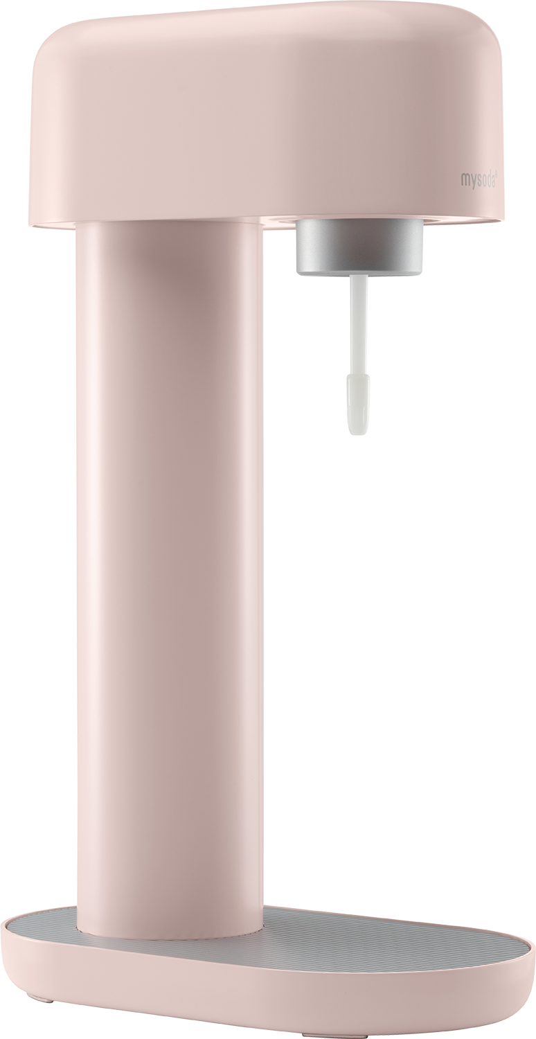 Roze sodamaker met een zilveren tuit en een grijze basis. Minimalistisch design.