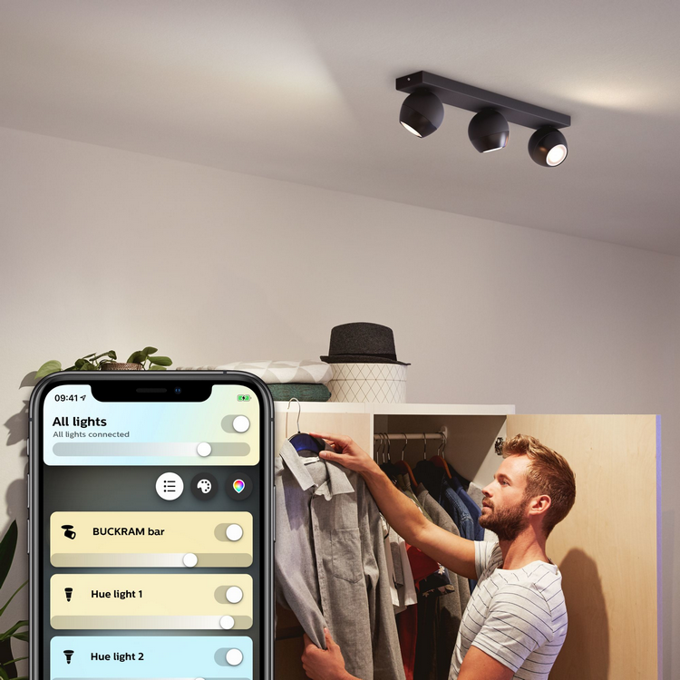 Foco - Philips Hue Buckram Bar, 3 Focos, Inteligentes, Interior, LED, Luz blanca y color, Domótica