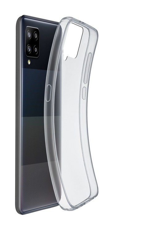 Se muestra una funda transparente para teléfono junto a un teléfono con la parte trasera negra.