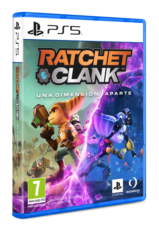 Caja del juego PS5 de 'Ratchet & Clank: Una Dimensión Aparte'. Personajes de dibujos animados en la portada, azul.