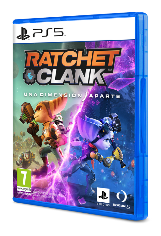 Caja del juego PS5 de Ratchet & Clank, ilustraciones coloridas.