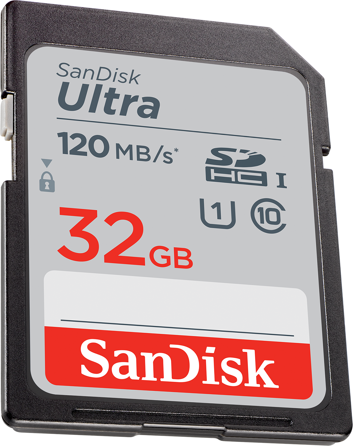 Een SanDisk Ultra 32GB SD-kaart. Het is een grijze en zwarte kaart met tekst erop.