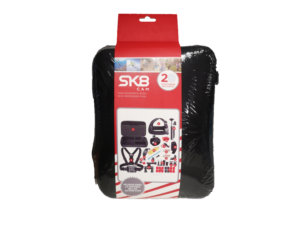 Paquete de kit de accesorios SK8 CAM con múltiples componentes.